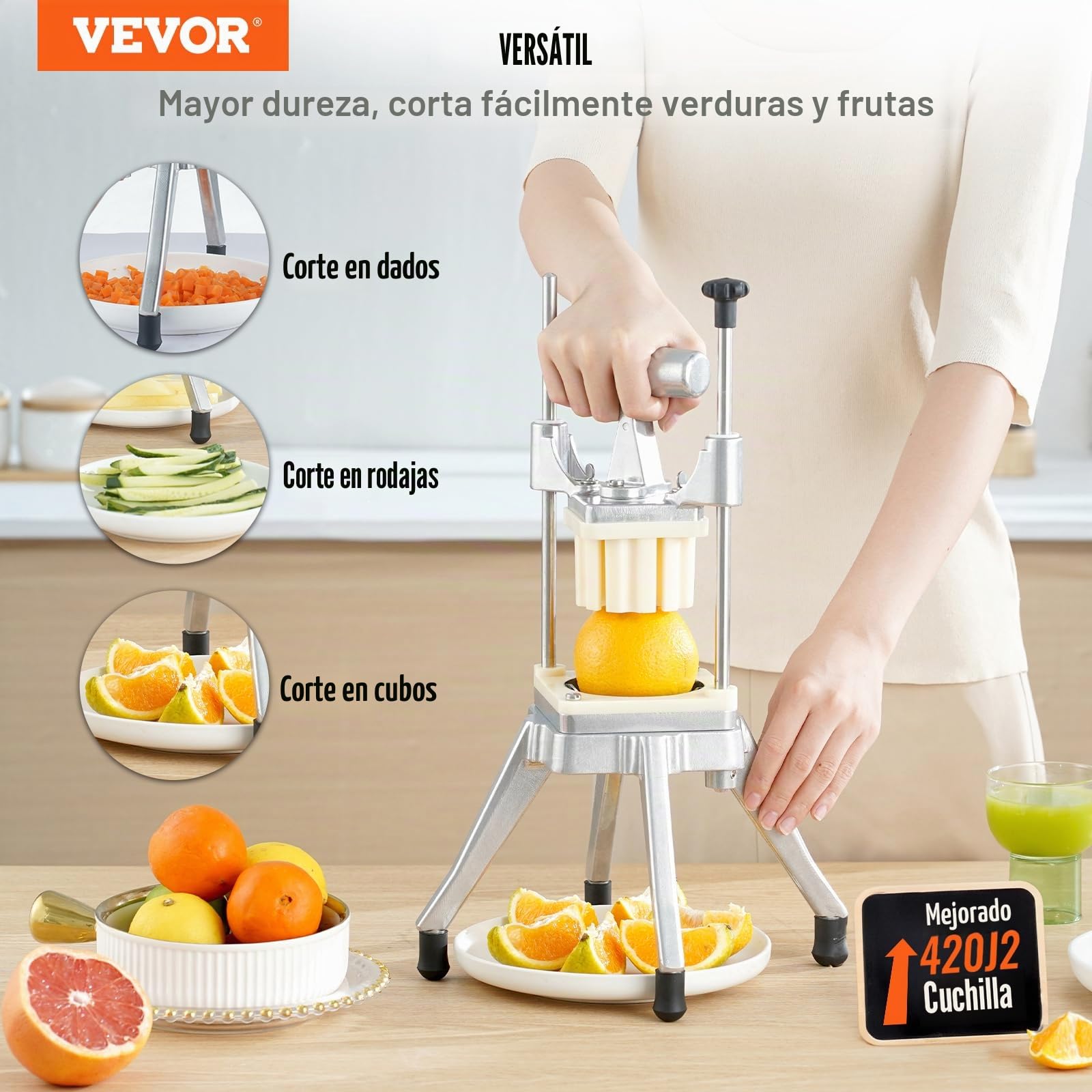 VEVOR Cortador de Verduras de Multifunción Profesional Manual con 4 Cuchillas de Acero Inoxidable 12,7/6,4/9,5 mm y 6 Cuchillas de Repuesto para Rebanar Palitos de Frutas Restaurante de Cocina