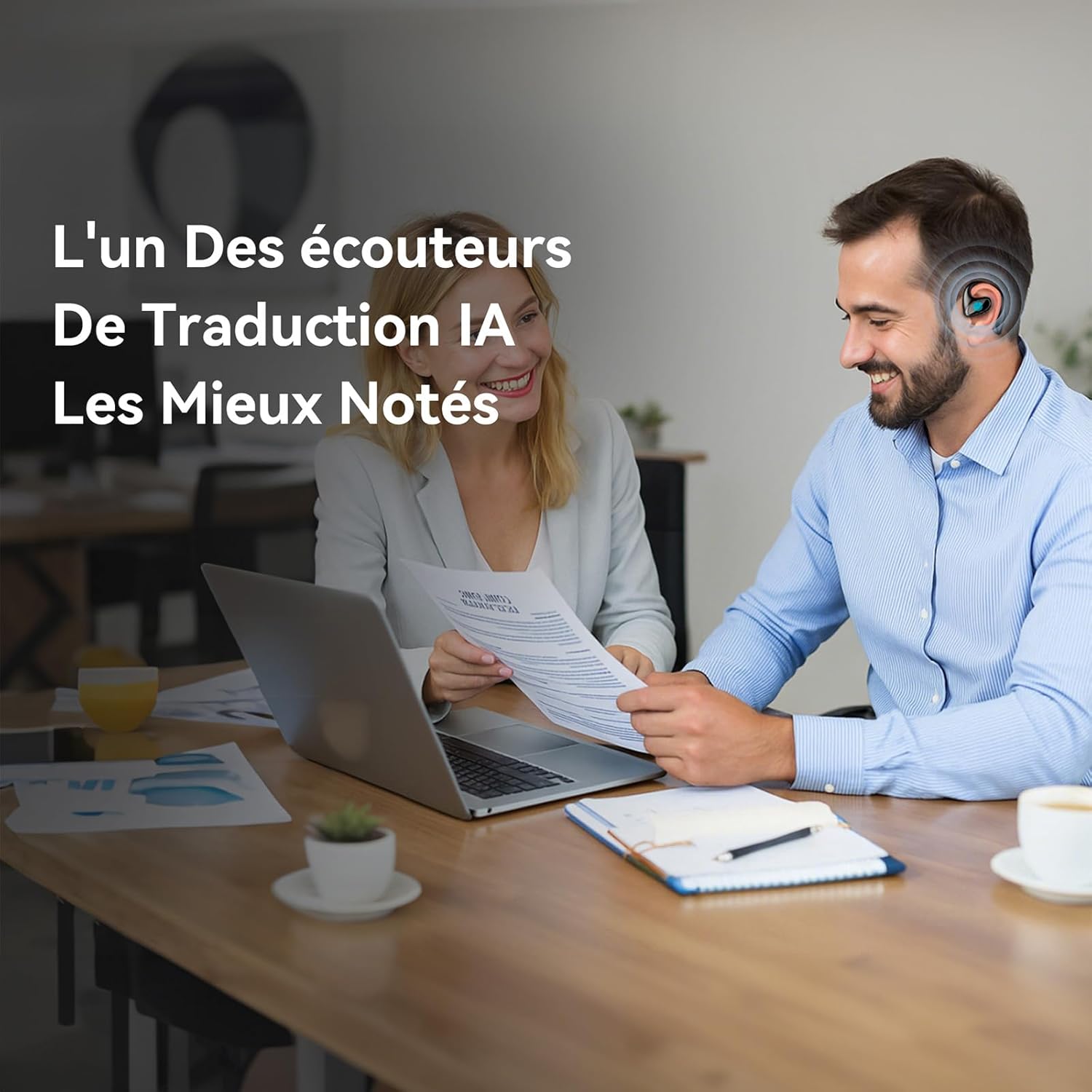 A man wearing Reiteag Meacode AI Translation Earbuds in an office setting, interacting with a colleague.