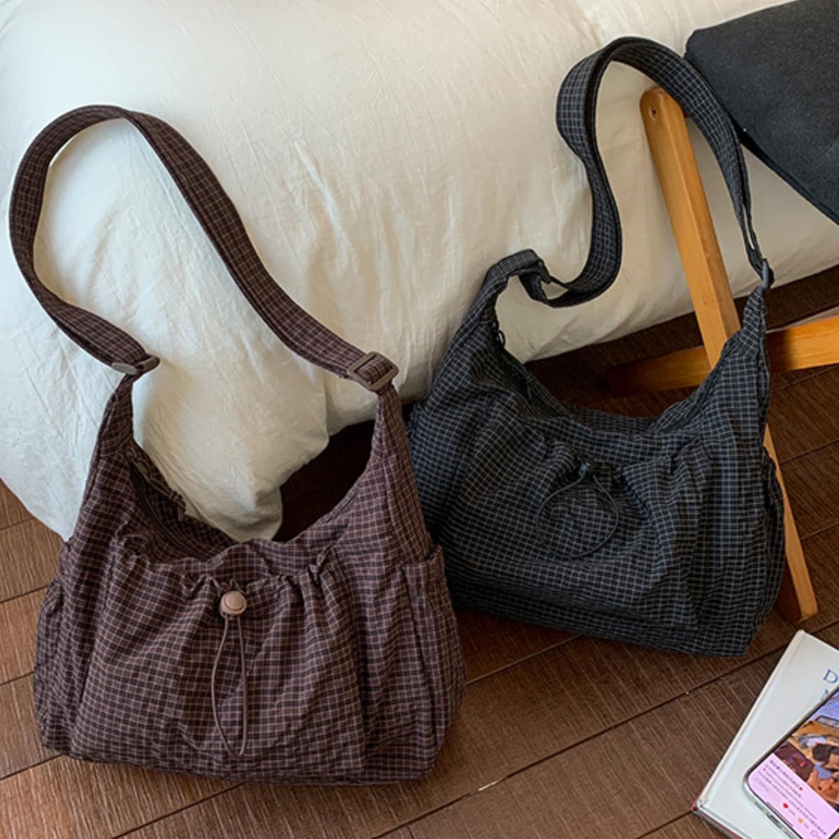 Korean Style Plaid Casual Shoulder Bag, Lightweight Checkered Crossbody Bag with Adjustable Strap, Cotton Quilted Fabric - Image 6