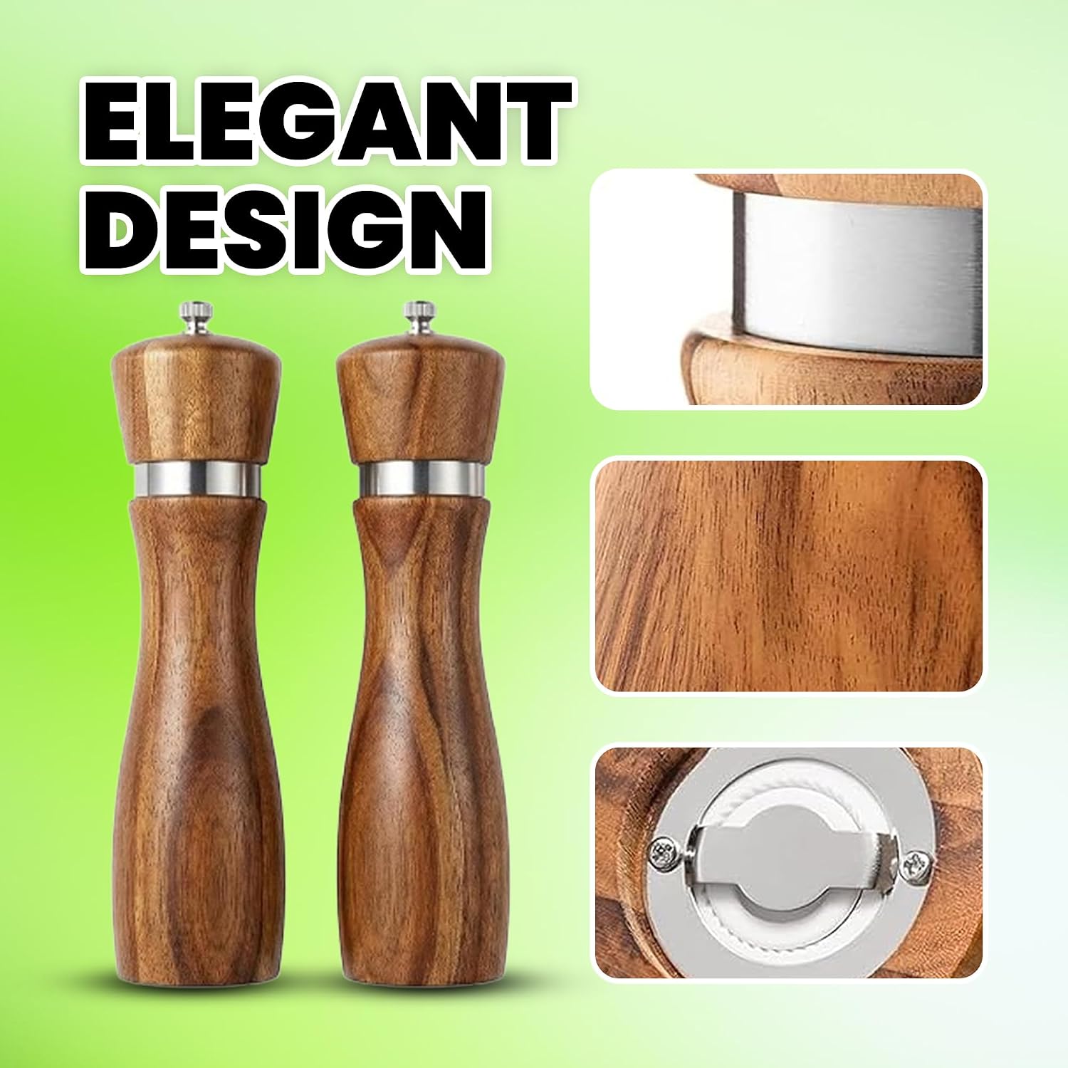 POUR'Amount Salt and Pepper Grinder Set - Wooden Salt and Pepper Mill with Adjustable Ceramic Grinder, Spoon, Brush & Tray for Kitchen
