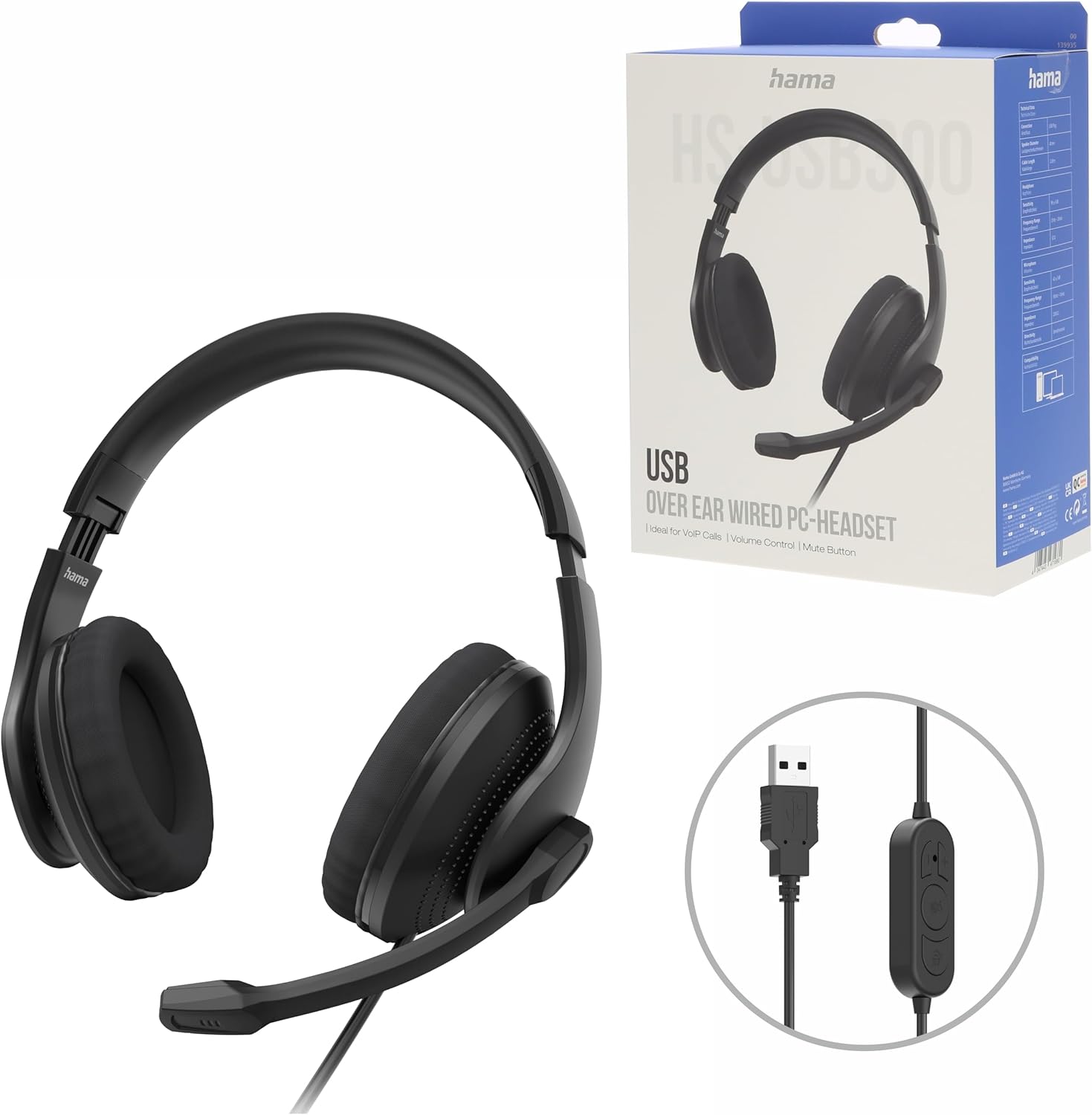 Hama Headset with Microphone (Wired Headphones USB A Port, Aux, Stereo Headphones with Cable, Over Ear PC Headphones with Microphone Arm and Neck Strap, 2 m Audio Cable) Black