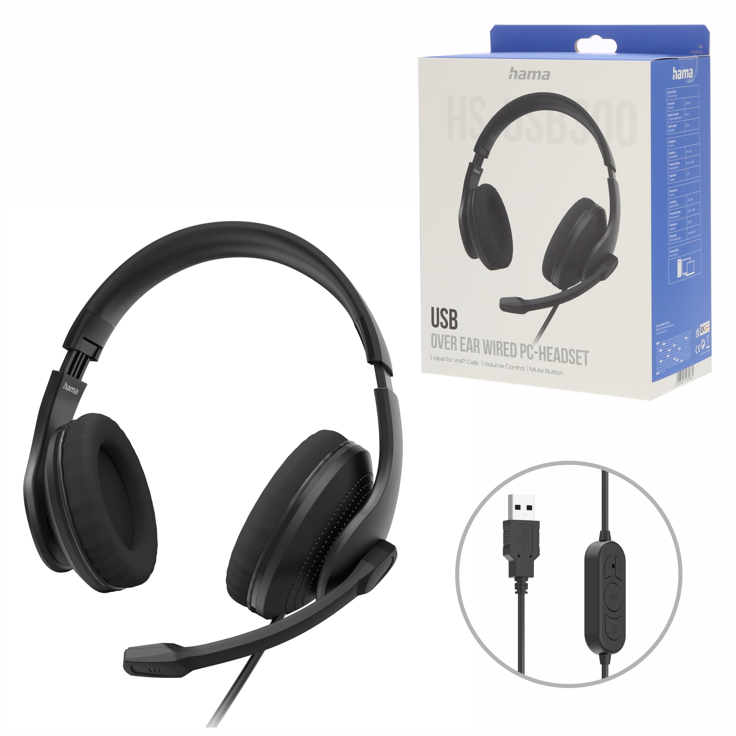 Hama 139935 HS-USB300 V2 on-ear headset stereo black for PC offices