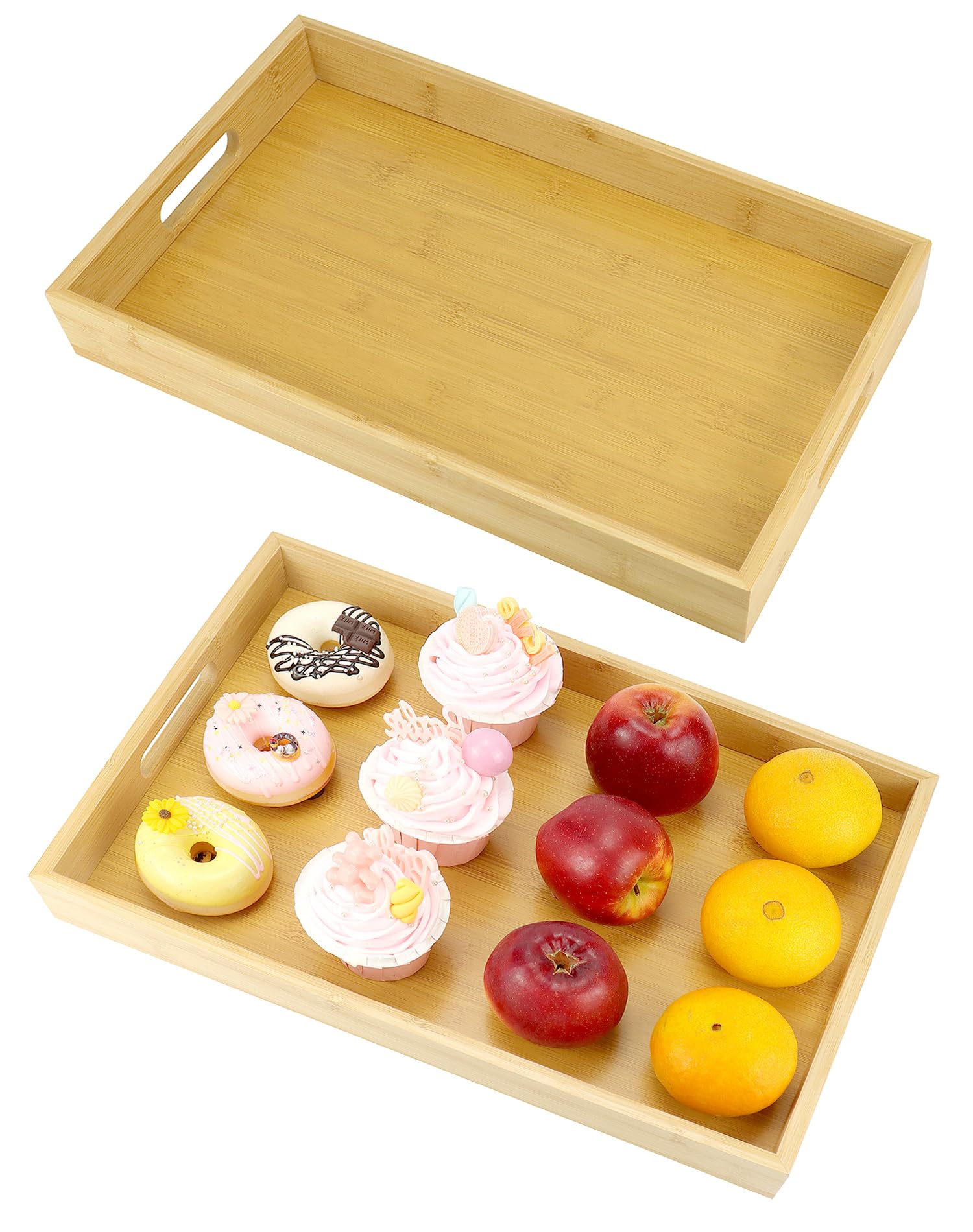 QWORK Bamboo Serving Tray with Handles, 2 Pack Wooden Trays Perfect for Eating, Working, and Storing, 16x11.5x1.7 Inches