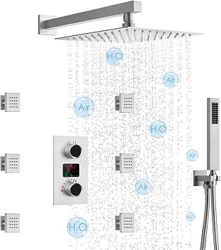 Rain Shower System with Body Jets Aposhion 12 Inch Rainfall Shower Head with Handheld Sprayer & LED Display & 6 Massage Body Jets, Wall Mount Bathroom Shower Faucet Set with Valve, Brushed Nickel
