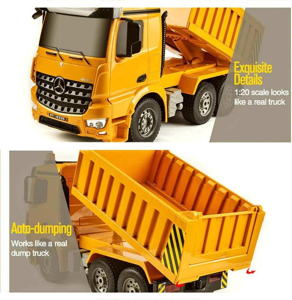 DOUBLE E Benz Licensed Remote Control Dump Truck Toy 6 Channel, RC Construction Toy Vehicle 2.4Ghz with LED Lights Gift for 3 4 5 6 7 8 9 Year Old Boys and Girls