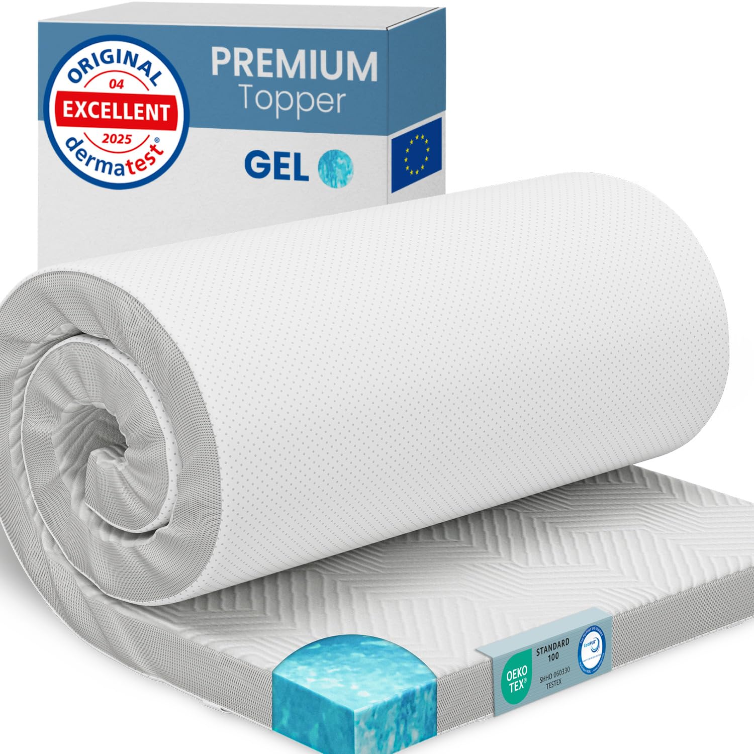 ELONEO Gel Topper 100x190cm, cubrecolchón de Espuma viscoelástica con Gel de 5 cm de Altura, Funda Transpirable de Malla 3D, cómodo cubrecolchón con Fundas en Las Esquinas