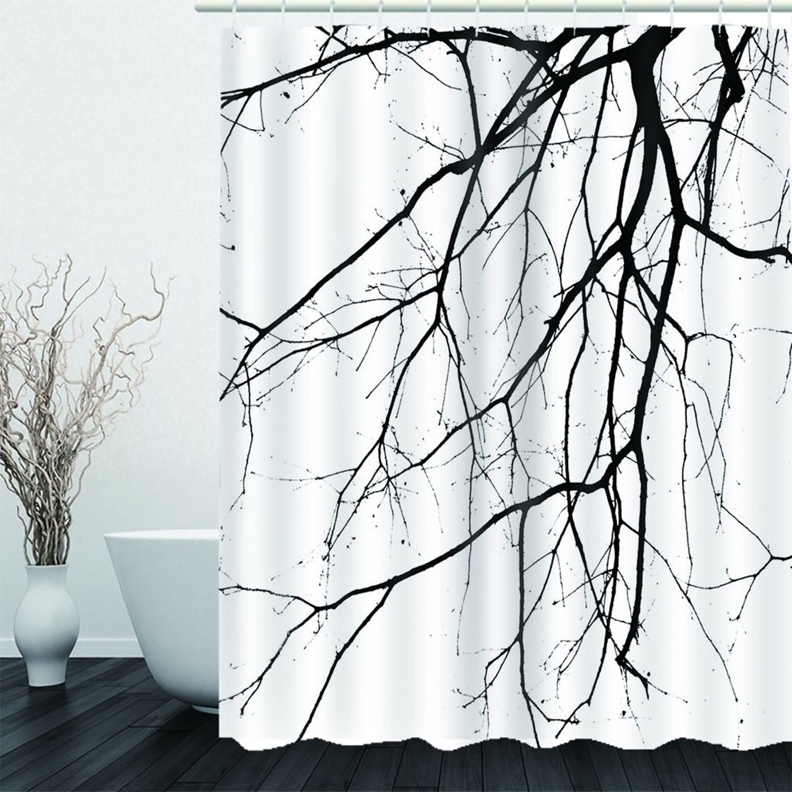 Fabric Shower Curtain Liner, Polyester Black&White Shower Curtain Tree Branch Shower Curtain Waterproof 71X71 Shower Curtain