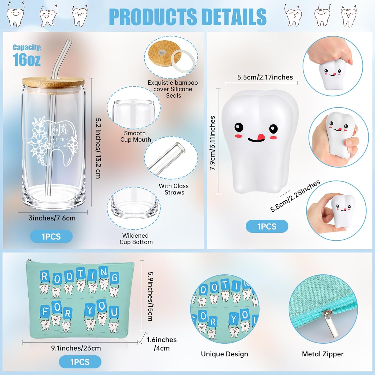 Sliner 3 Pcs Dental Assistant Week Dental Hygienist Appreciation Gifts Set 16 oz Glass Cup Makeup Bag Teeth Stress Toy Accessories for Doctor Nurse Coworker Dentist Student Must Haves(Multicolor) - Image 2