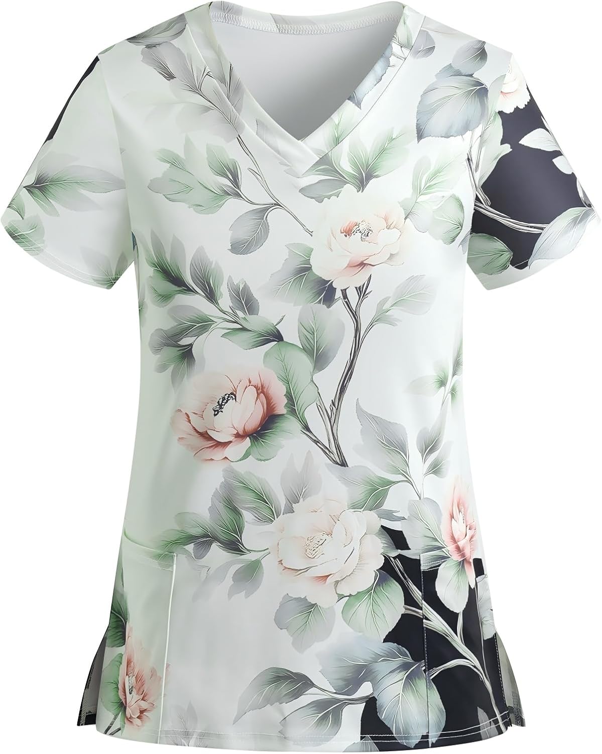 Scrub Tops for Women Stretchy Short Sleeve Cute Vneck Printed Working Uniforms Holiday Nursing Shirt with 2 Pockets