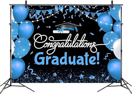 Miniatura 9 de Telón de fondo de graduación de 7 x 5 pies para sesión de fotos, globo negro y morado, felicitaciones de graduados de clase de 2023, felicitaciones,