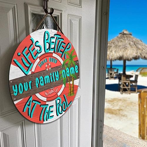 Miniatura 7 de V VIBEPY Letrero de madera impreso personalizado con texto en inglés "Life's Better At The Pool", letrero de piscina, letrero de Tiki, letrero de