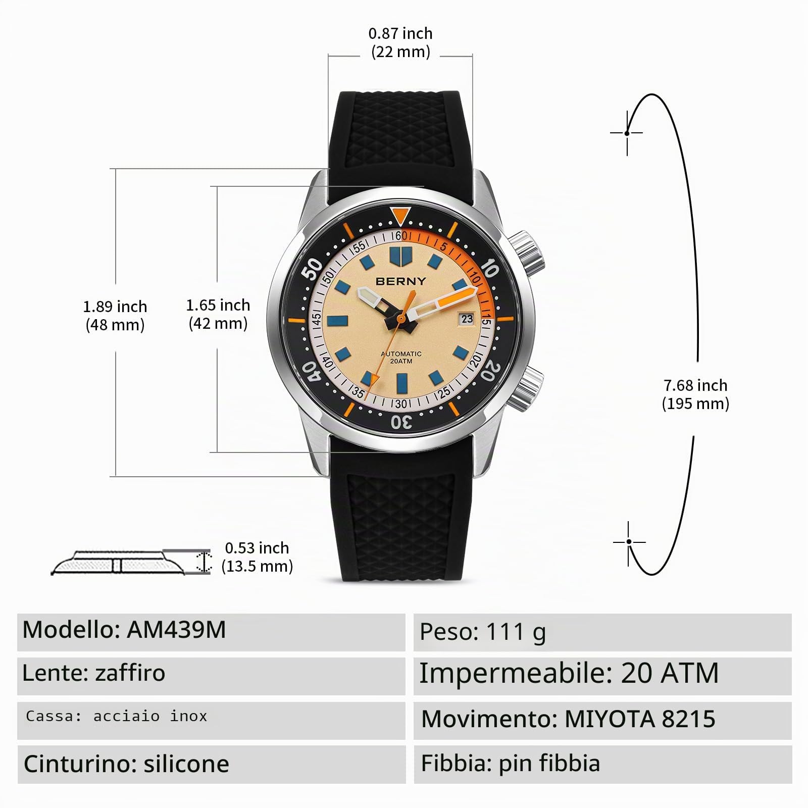 BERNY Orologio Subacqueo Per gli Uomini Orologio Meccanico Automatico 20ATM Orologio da Polso Vetro Zaffiro Confortevole Cinturino in Silicone Super Luminoso Orologi Maschili