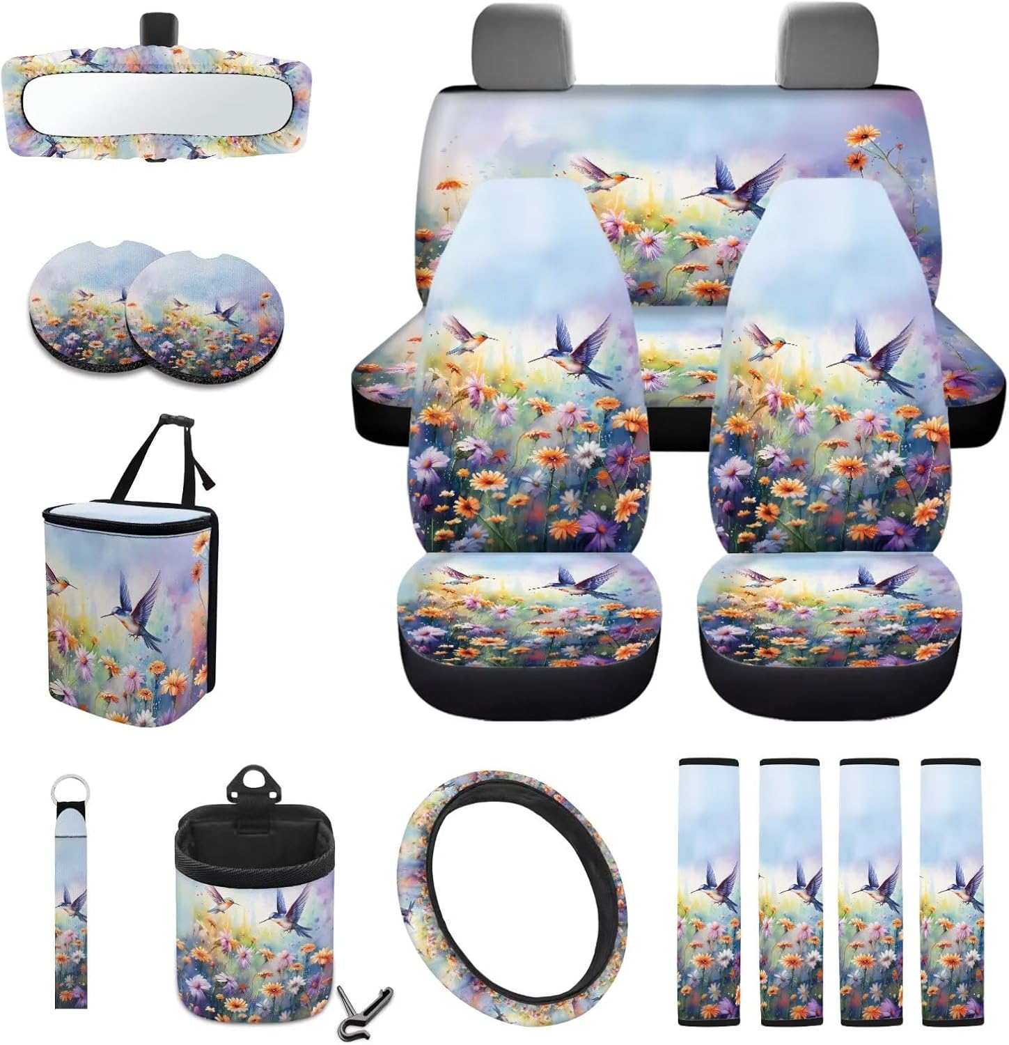 Cow Sunflower Print Car Seat Covers Full Set Interior Sets, American Flag Print Front and Back Seat Protector with Steering Wheel Protector Seat Belt Cover Rearview Mirror Protector Coaster
