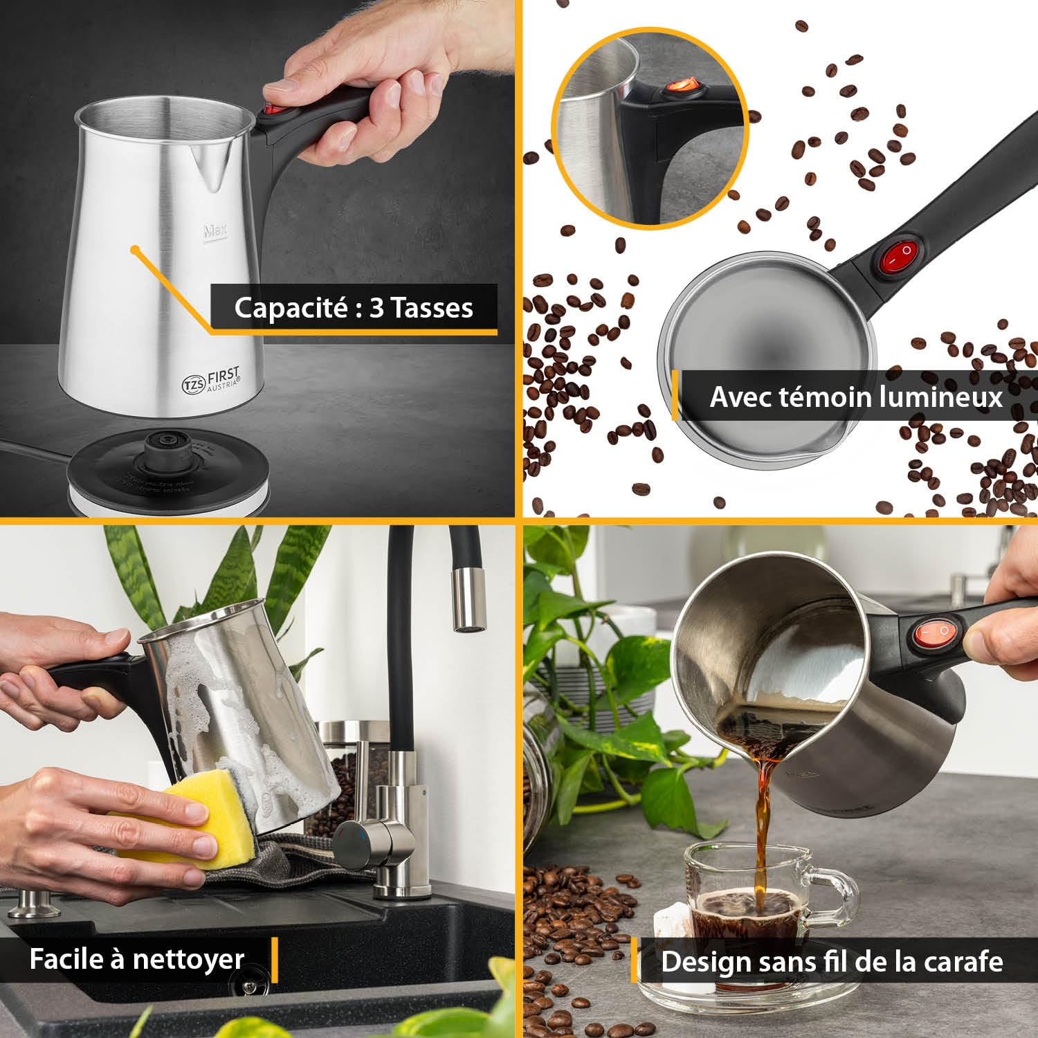 TZS First Austria Cafetière électrique 0,35 litre 800W | Bouilloire à moka, expresso & eau chaude | en acier inoxydable, avec poignée antidérapante | convient pour la maison, le bureau, les voyages