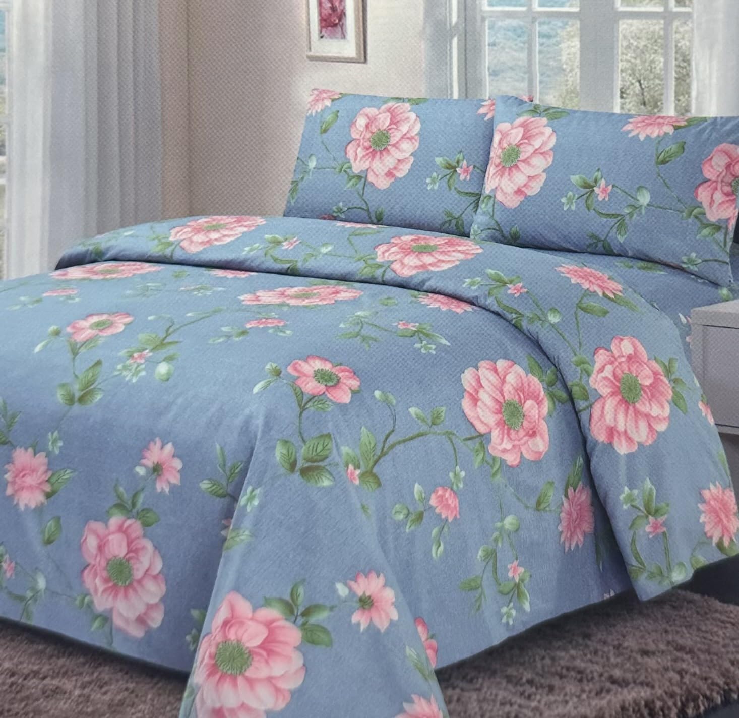 Bella Home Bamboo 1800BH Decor Luxurios King Bed Sheet Set, 16" Pockets, 6 Piece, Wrinkle-Free Cooling Sheets, Ultra Soft, (Blue Roses)