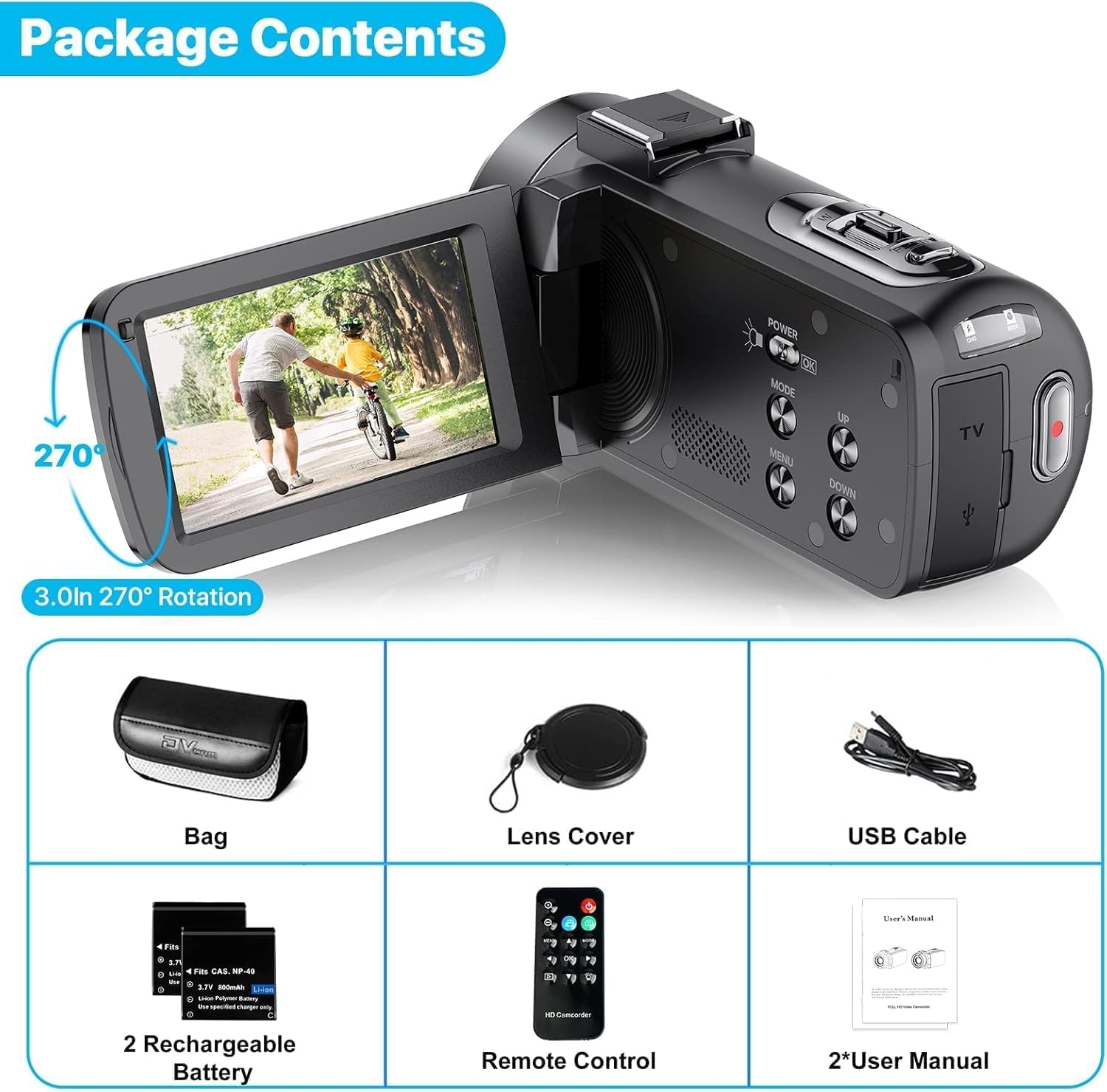 IXNAIQY Videocamera Digitale 1080P Camcorder FHD 30FPS 36MP Vlogging Camera per Youtube IR Visione Notturna, 16X Zoom Digitale, 3.0" IPS Schermo Video Camera con Telecomando 2 Batterie