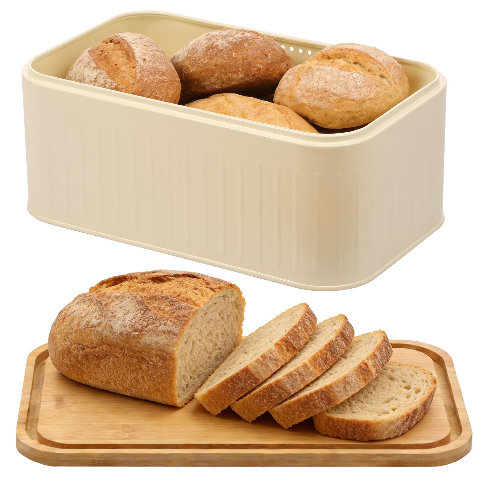 Nihuifdpy Beige Vintage Bread Bin With Bamboo Cutting Board Lid, Metal Airtight Bread Box For Kitchen Counter, 30.5×18.5×12.5Cm Breads Storage Container For Homemade Breads, Toast, Bagel, Donut And Cookies(Beige)