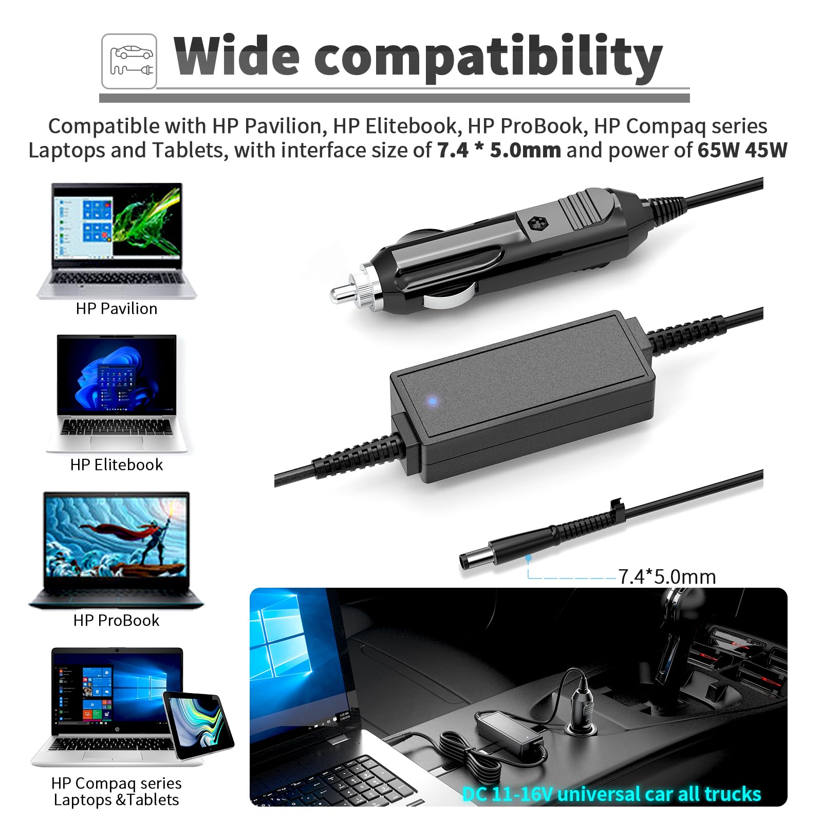 Chargeur de Voiture pour Ordinateur Portable 65 W pour HP Pavilion DV7 DV6 DV5 DV4 DM4 G7 G6, Compaq Cq57 Cq62 Cq56 Cq61 Cq60 Cq58,2000-329WM 2000-2A20NR 2000-2B09WM, Probook 4540s 4440s 4430s