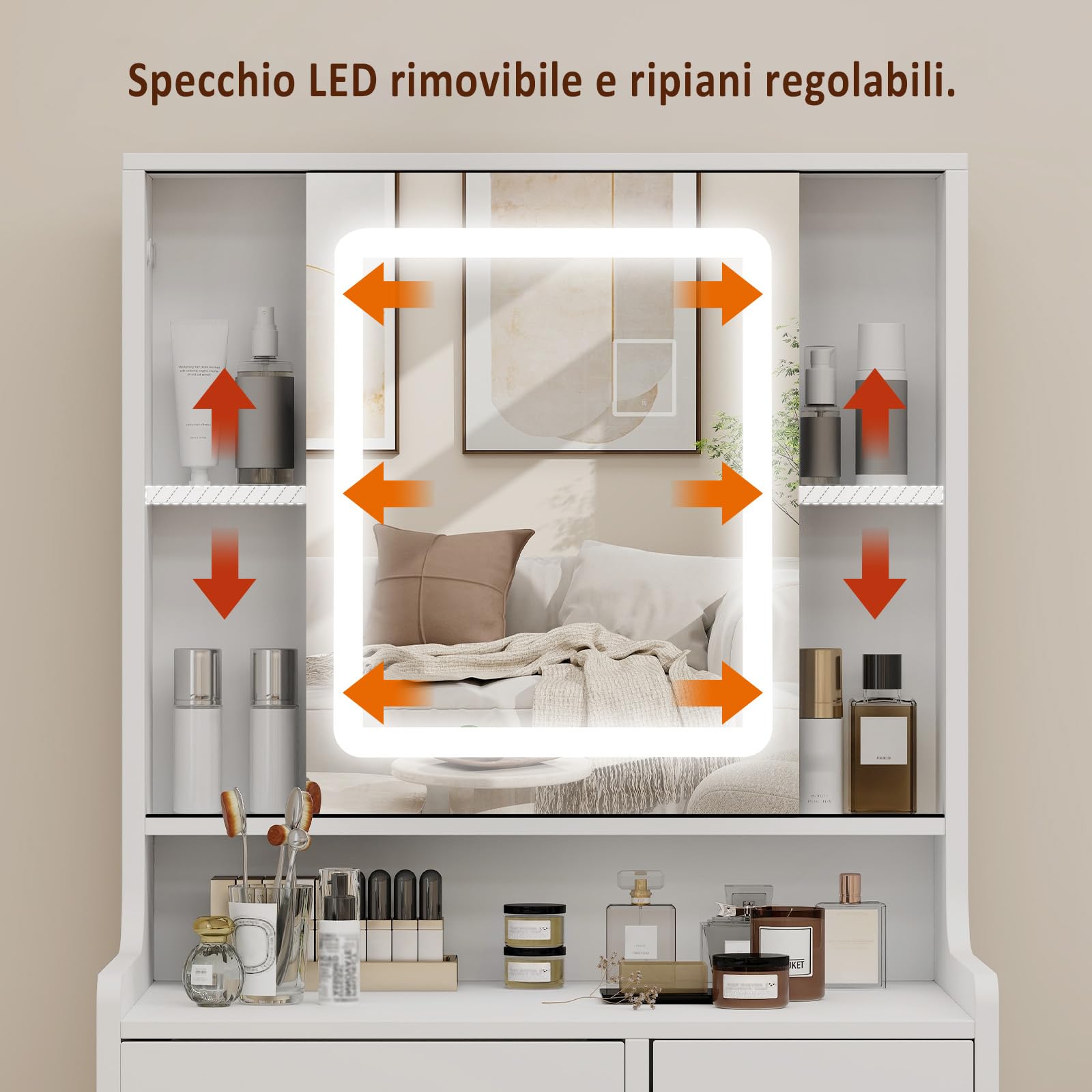 YU YUSING Toeletta Trucco con Luci LED e Specchio 3 Colori, Tavolo da Trucco con Sgabello, 3 Cassetti e 5 Ripiani, Postazione 60cm Vanity Desk for Makeup, Camera da Letto Soggiorno, Moderno, Bianco