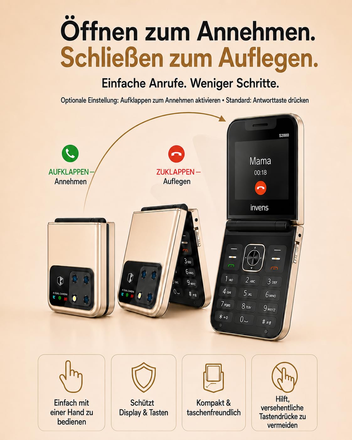 invens Seniorenhandy Klapphandy ohne Vertrag, 4 SIM-Karten, 1700-mAh-Akku