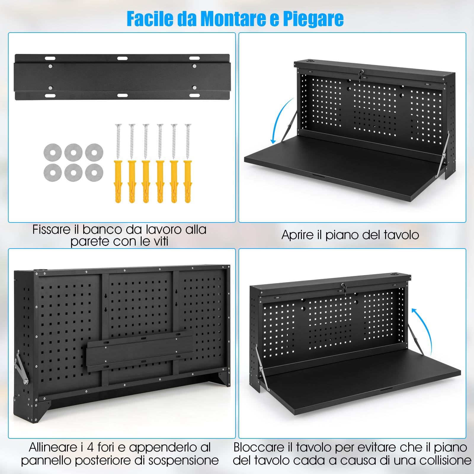 COSTWAY Banco da Lavoro Pieghevole a Parete, Organizzatore 2 in1 con Pannello Portautensili e Piano Spazioso, Tavolo da Lavoro Appeso per Garage, Magazzino, Officina, Nero
