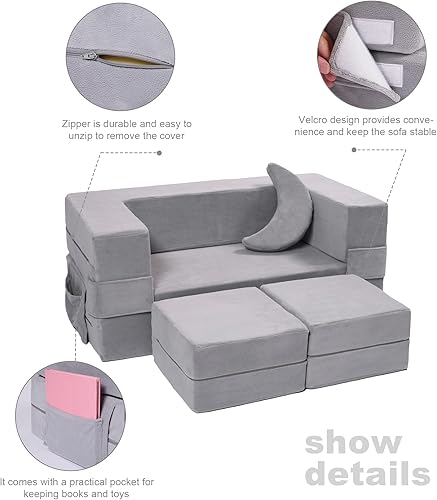 Miniatura 6 de Sofá modular para niños, sillón de espuma para niños, sofá convertible de felpa para niños, sofá cama plegable (gris)