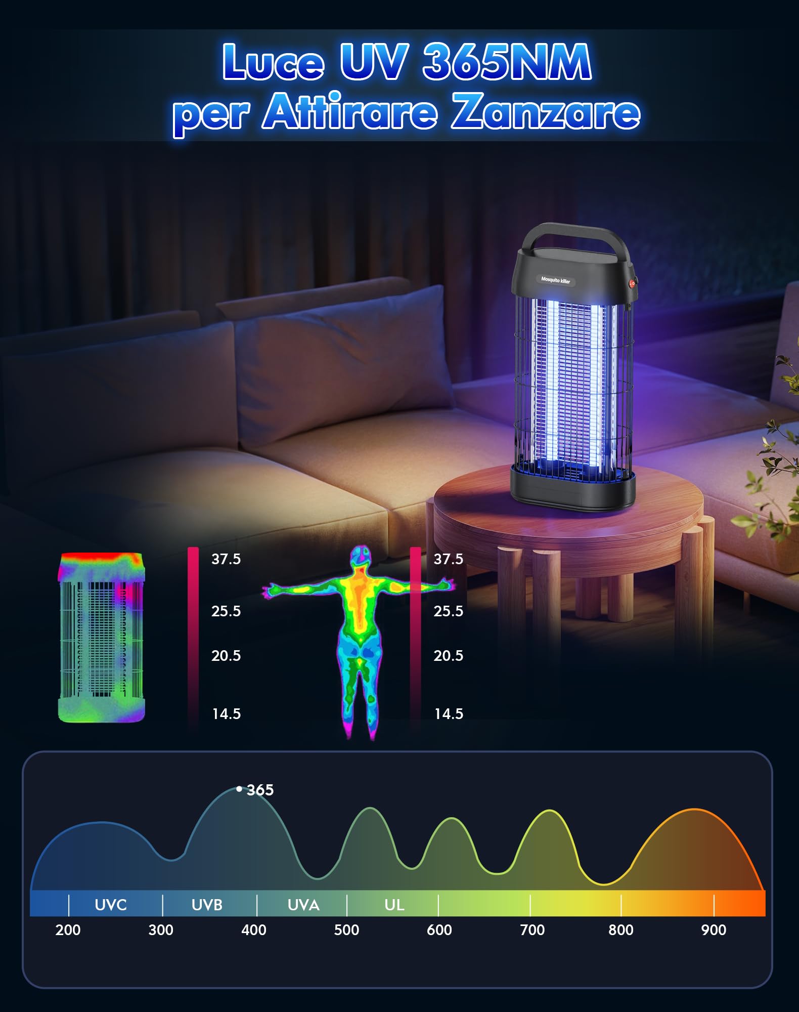 Lampada anti-zanzara 3000 V, uccide mosca elettrica UV 16 W, trappola zanzara con gancio portatile, sicura, ecologica e silenziosa, per interni ed esterni (100 m²)