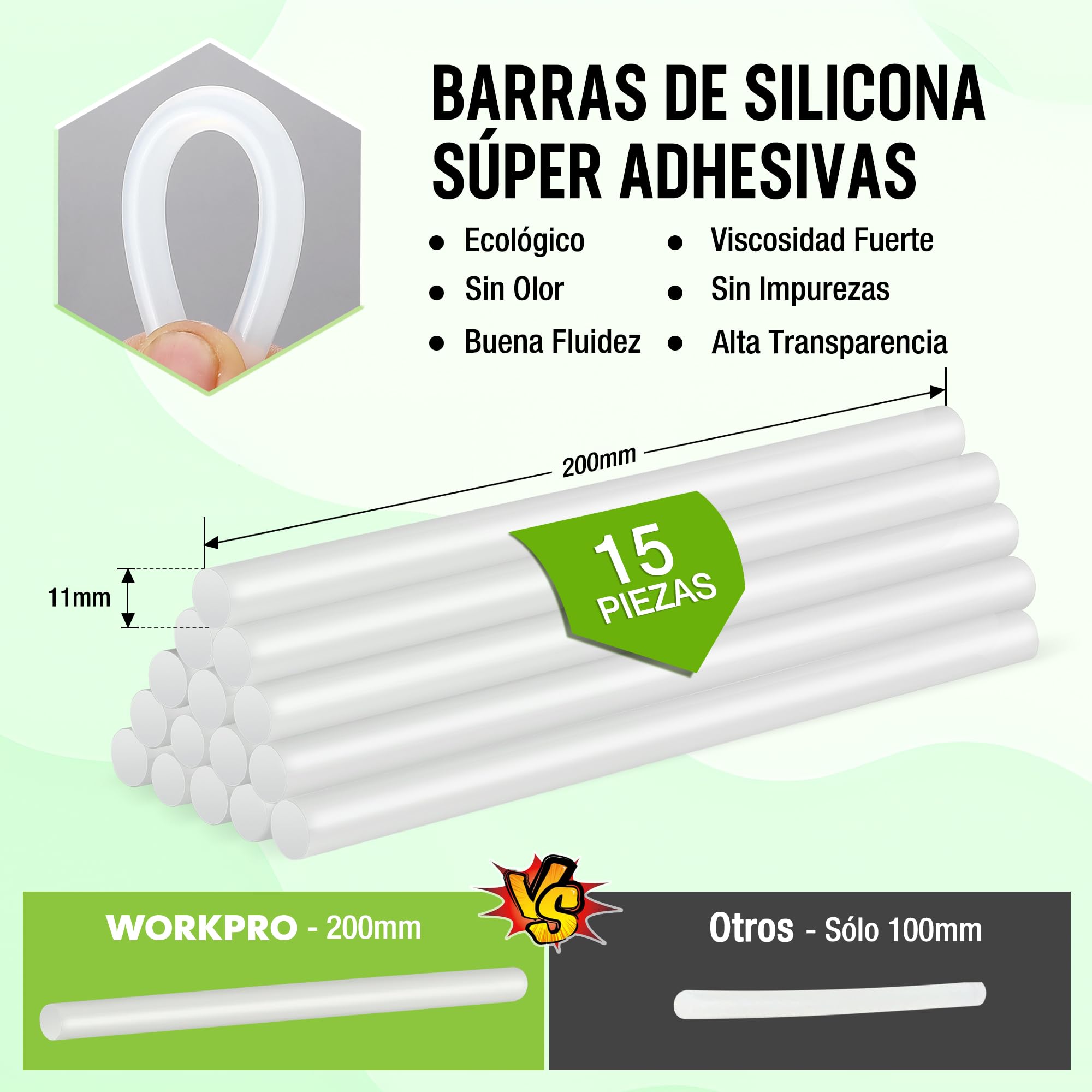 WORKPRO 12V Pistola de Silicona Caliente Inalámbrica, Pistola de Pegamento Termofusible a Batería, Pistola de Encolar con 15 Barras de Pegamento (11 * 200 mm), Precalentamiento Rápido, para Bricolaje