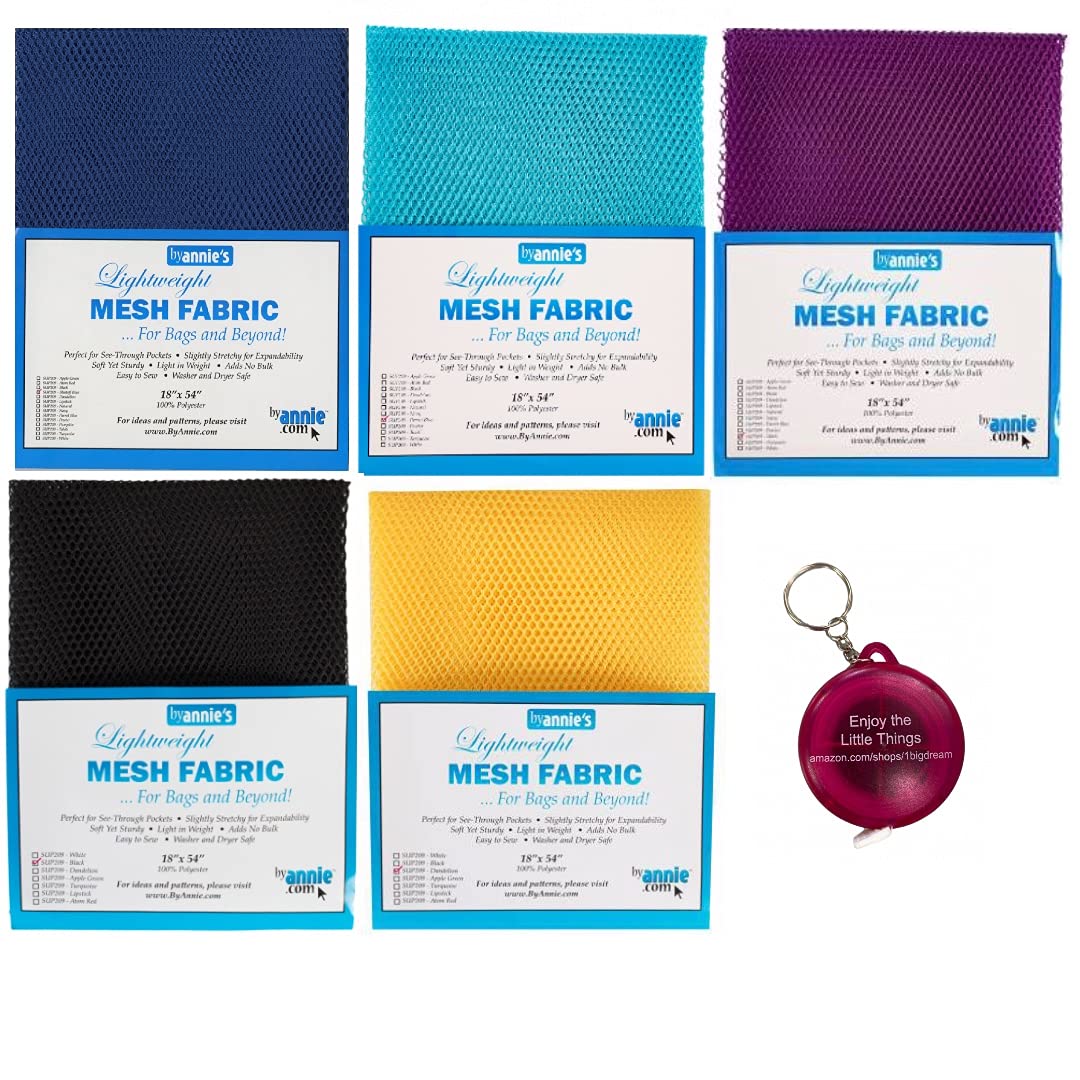 ByAnnie's Mesh Fabric Lightweight Thunderstorm Bundle- Blastoff Blue, Dandelion, Parrot Blue, Tahita and Black 18" x 54" with Tape Measure-Bundle of 6 Thunderstorm