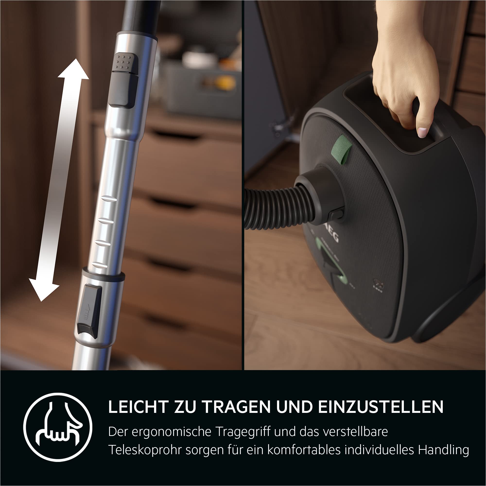 AEG CLEAN 6000 ÖKO Staubsauger mit Beutel, Hohe Saugleistung, Zusatzdüsen, XL-Räder, Edelstahl-Teleskoprohr, aus 65% Recyclingmaterial, 12 m Kabel, 850 Watt, Zubehör, Grau, AB61C1OKO