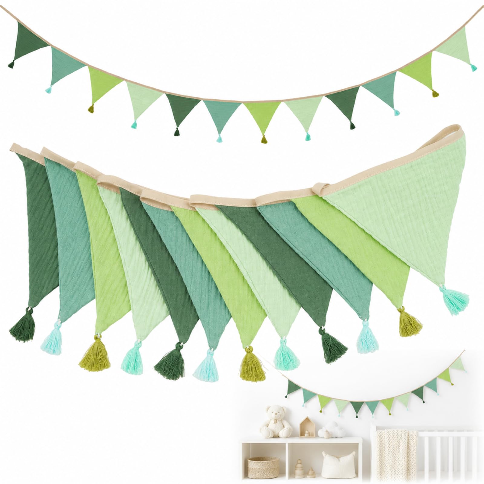 Fabric Bunting Banner Triangle Pennant Garland Double-Layer Cotton Crepe Tassel Flag Decoration Indoor Outdoor Home Garden Office Wedding Bridal Shower Event Supplies