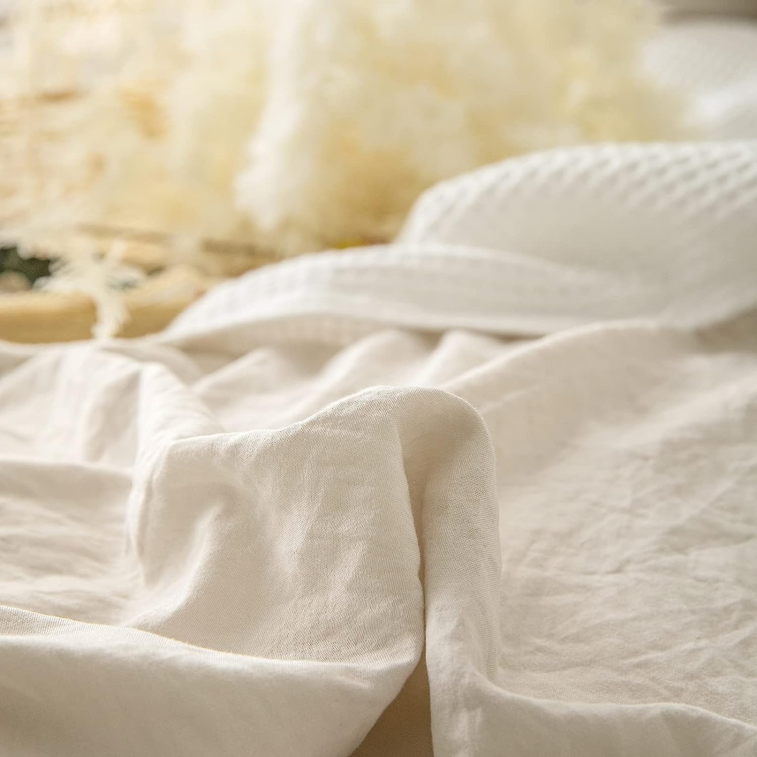 Sedefen Feuille de Lotus Housse de Couette 240x260cm + 2 taies d'oreiller 65x65cm Ado Fille Adulte Beige Blanc Volants Romantique Parure de Lit 2 Personnes Avez Fermeture Éclair