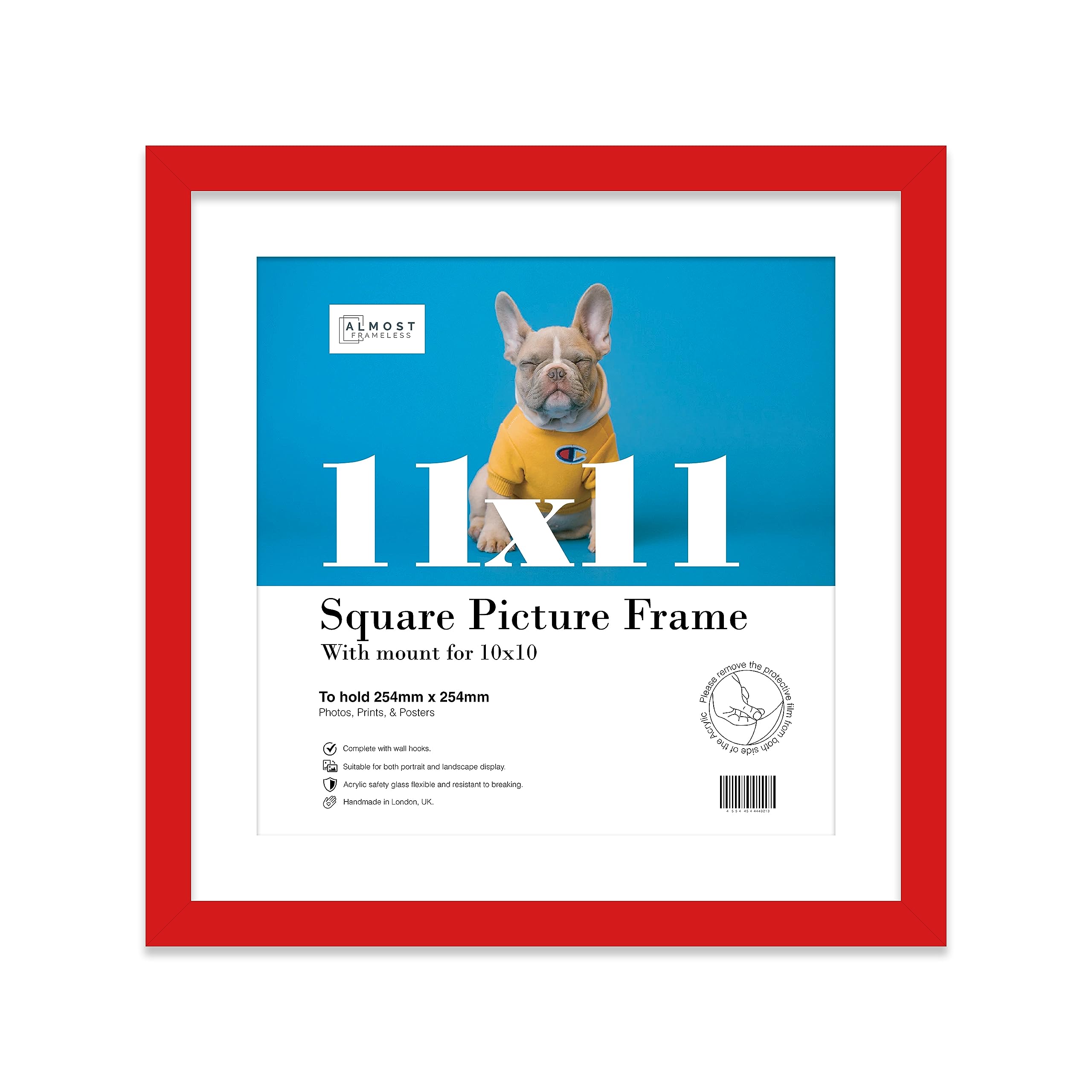 Almost Frameless Red 11X11 Picture Frame, Display Pictures 10X10 With Mat Or 11X11 Without Mat, Wall Hanging Photo Frame, 1 Pack