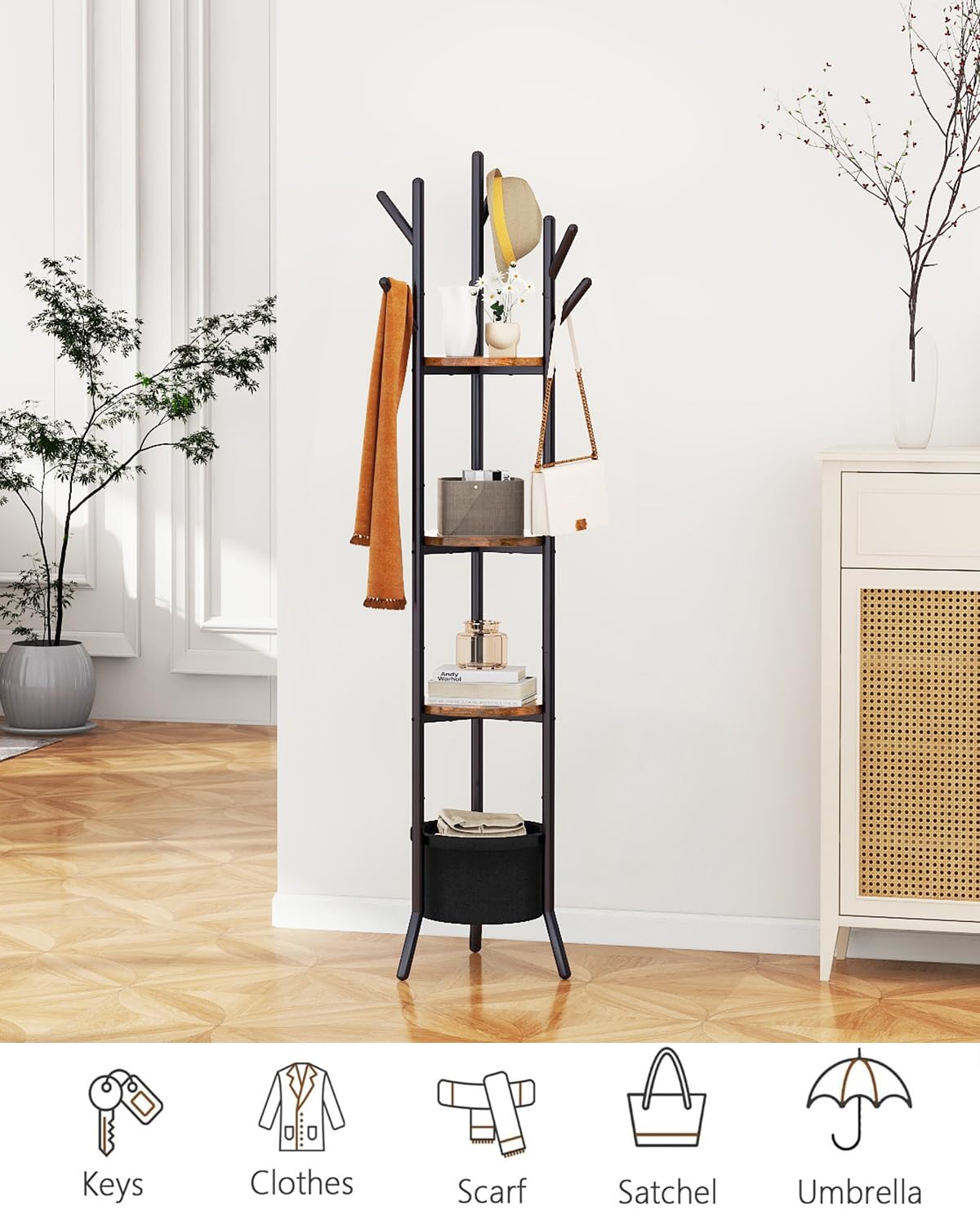 YMYNY Porte Manteau, Portant à Vêtements avec Étagères de Stockage, Arbres de Hall avec 1 Panier en Tissu, Meuble d'Entrée, Design Industriel, pour Chapeaux, Sacs Chambre, Marron Rustique HGR005H