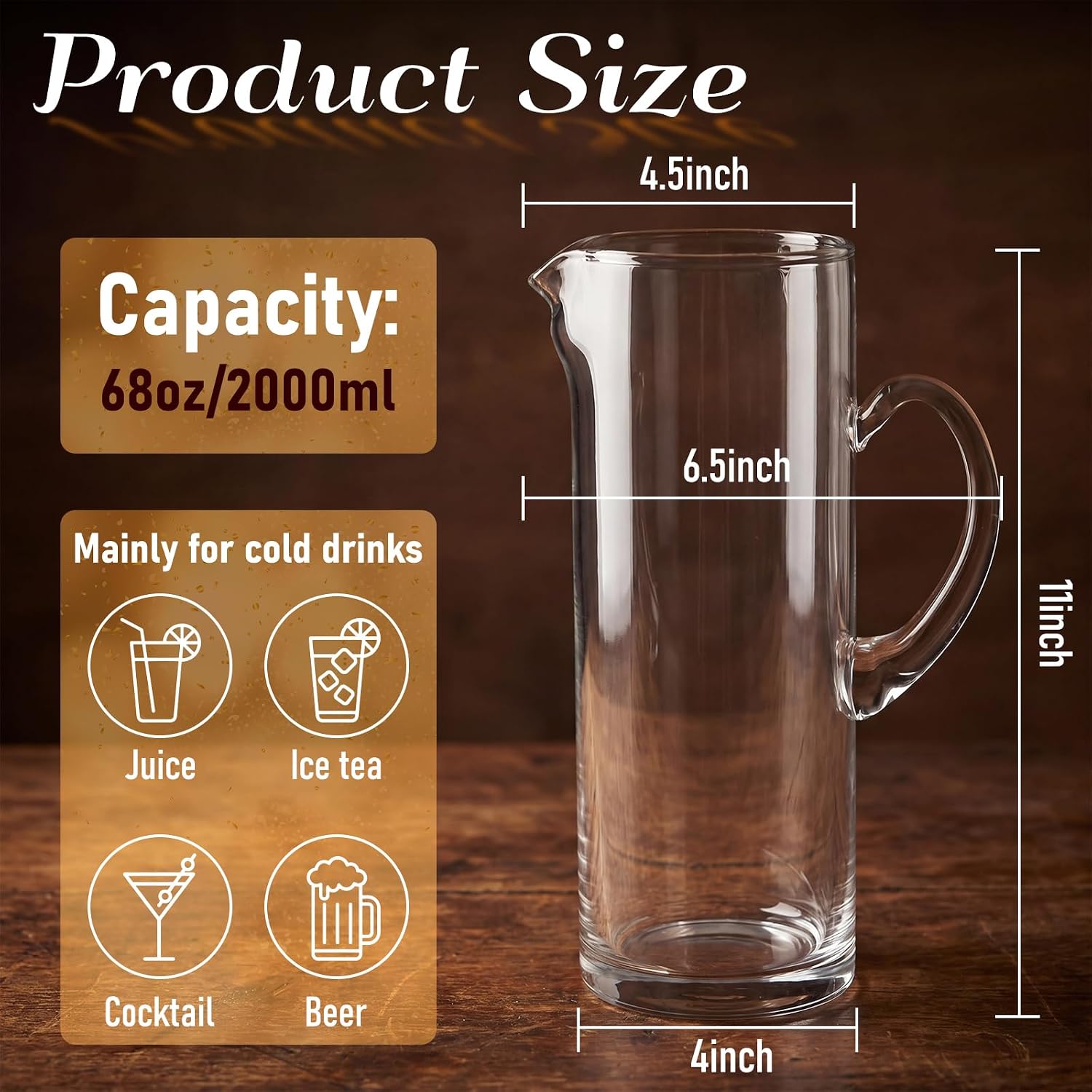 LemonRoad 68 oz Clear Glass Pitcher with Handle Vintage Water Jug for Serving Ice Tea, Juice, Milk, Beverages Glass Water Pitcher as Christmas, Wedding, Birthday Gifts(Classic)