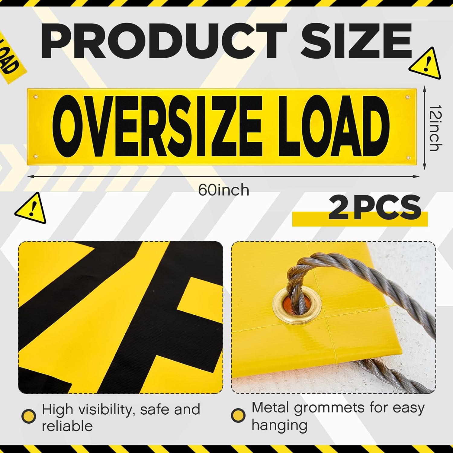 Newwiee 2 Pcs Oversized Load Banner with Grommets 12 x 60 Inch Wide Load Sign for Trucks Escort Vehicles Accessories