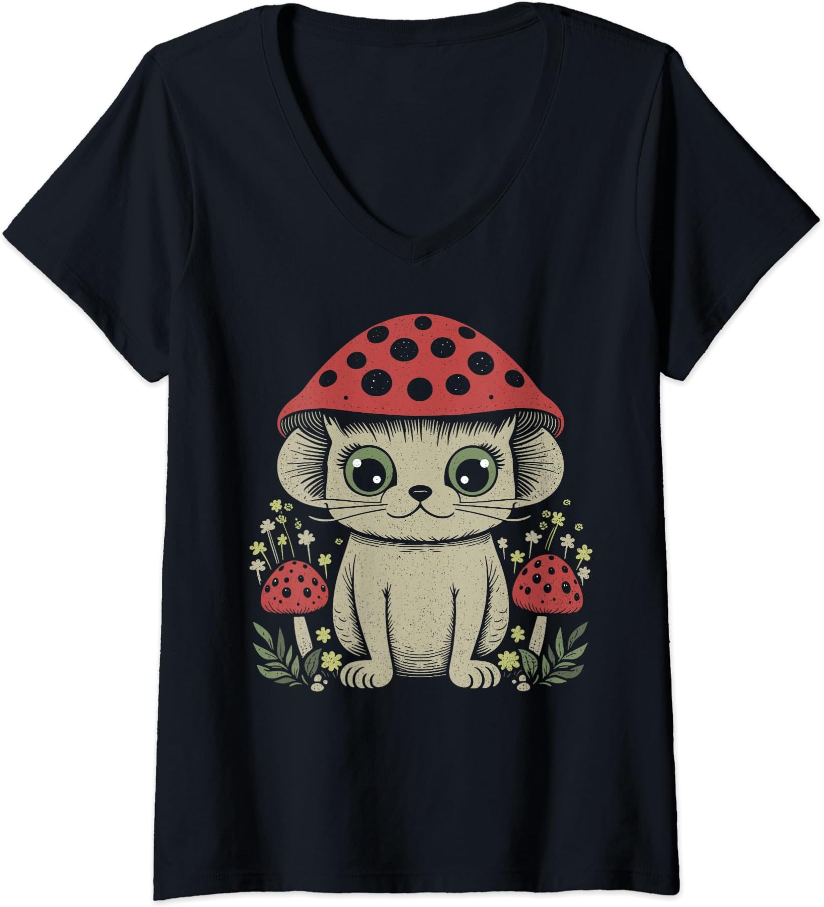 Mushroom lover clothingCute mushroom cat face, amanita muscaria, fly agaric fungi V-Neck T-Shirt