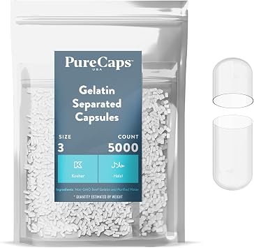 PureCaps USA - Empty Gelatin Capsules Size 3| 5,000 Separated Pills| Clear| Non-GMO Certified | SLS, Gluten, Preservative Free