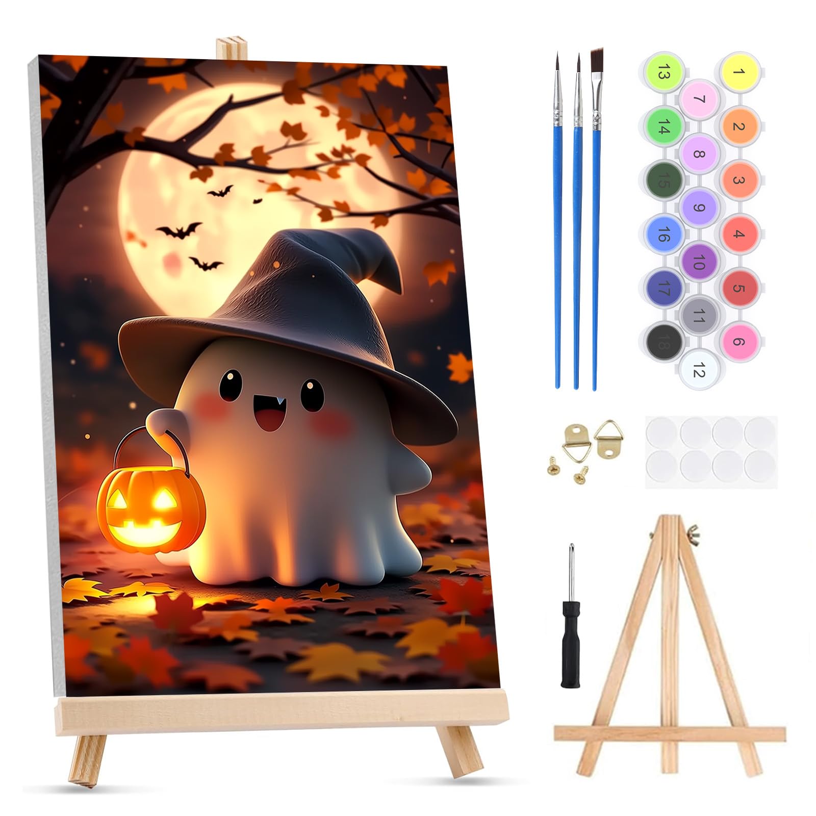 QENSPE Paint by Numbers for Adults on Framed Canvas - with Wooden Easel, Cute Ghost Painting by Number Kit for Beginners, DIY Moon Acrylic Oil Painting for Home Wall Decor 8x12 Inch