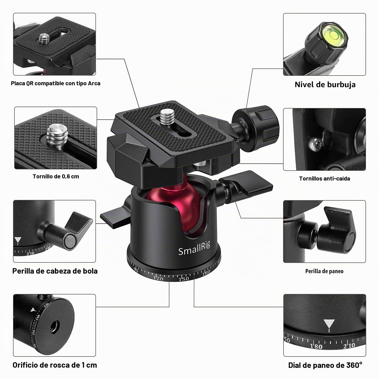 SMALLRIG Mini Rótula de Bola Ball Head Giratoria de 360° con Placa de Liberación Rápida y Tornillo de 1/4 de Pulgada para Trípode, Monopié, Cámaras, Carga Máxima de 4,4 LB/2 kg - BUT2665
