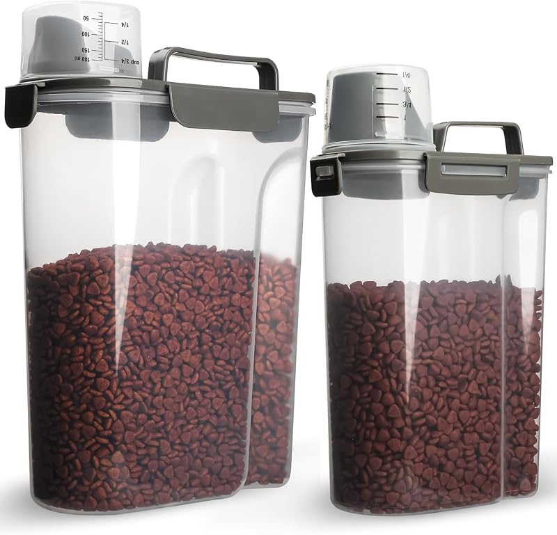 Armazenador de Alimentos para Gatos e Cães TIOVERY com Bico Dosador e Alça, 6 L + 3 L, Cinza, Pacote com 2