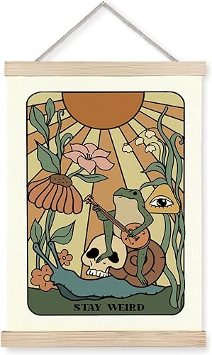 Pleonox Divertido póster de arte de pared retro con diseño de rana y rana, enmarcado, decoración de pared vintage bohemia con estampado floral,