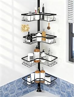 Unokit 4-Tier Tension Pole Corner Shower Caddy — Rustproof, No-Drill Adjustable Organizer (Black)