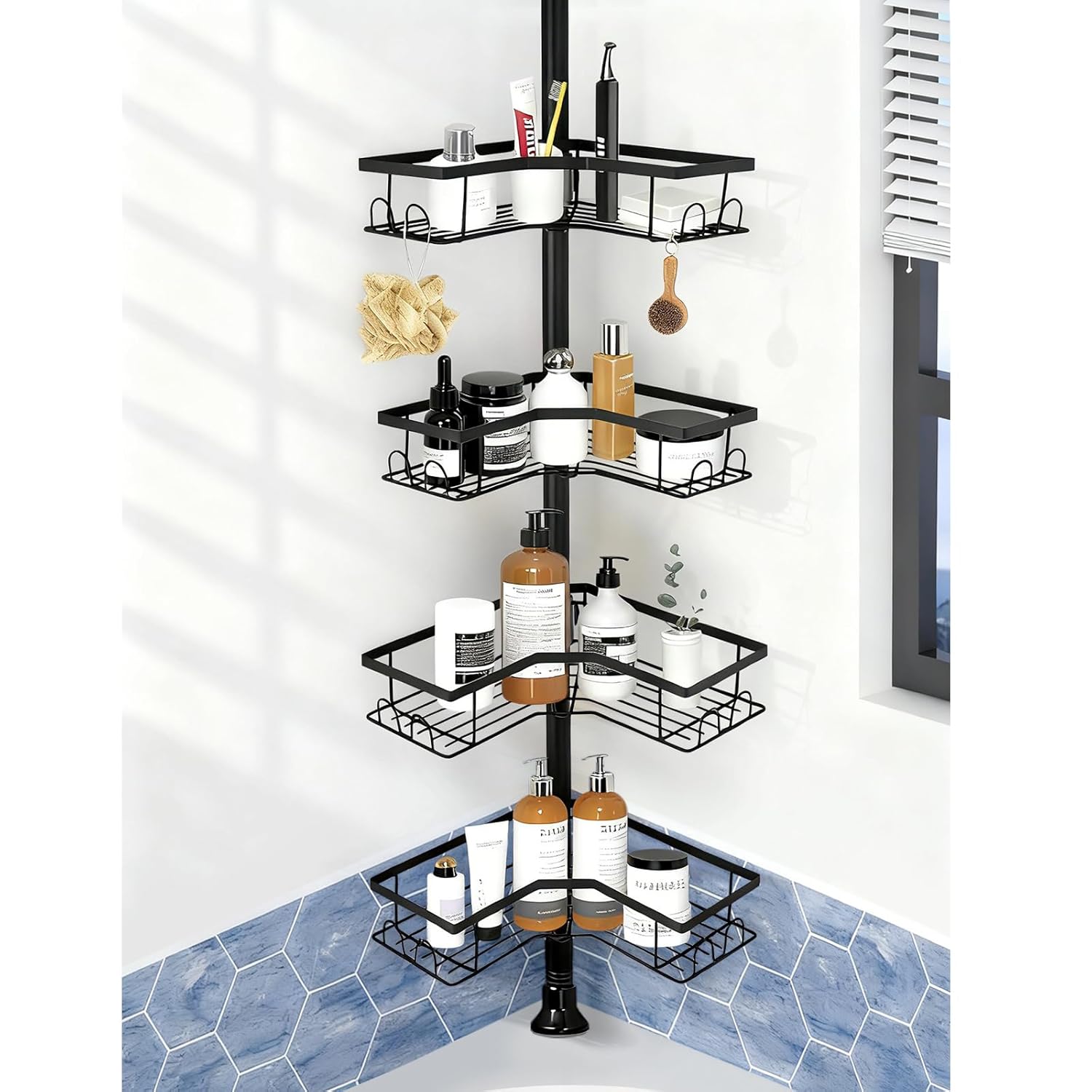 Unokit Corner Shower Caddy Tension Pole - 4 Tier Rustproof Stable Bathroom Organizer Shelves for Bathtub Shampoo Storage