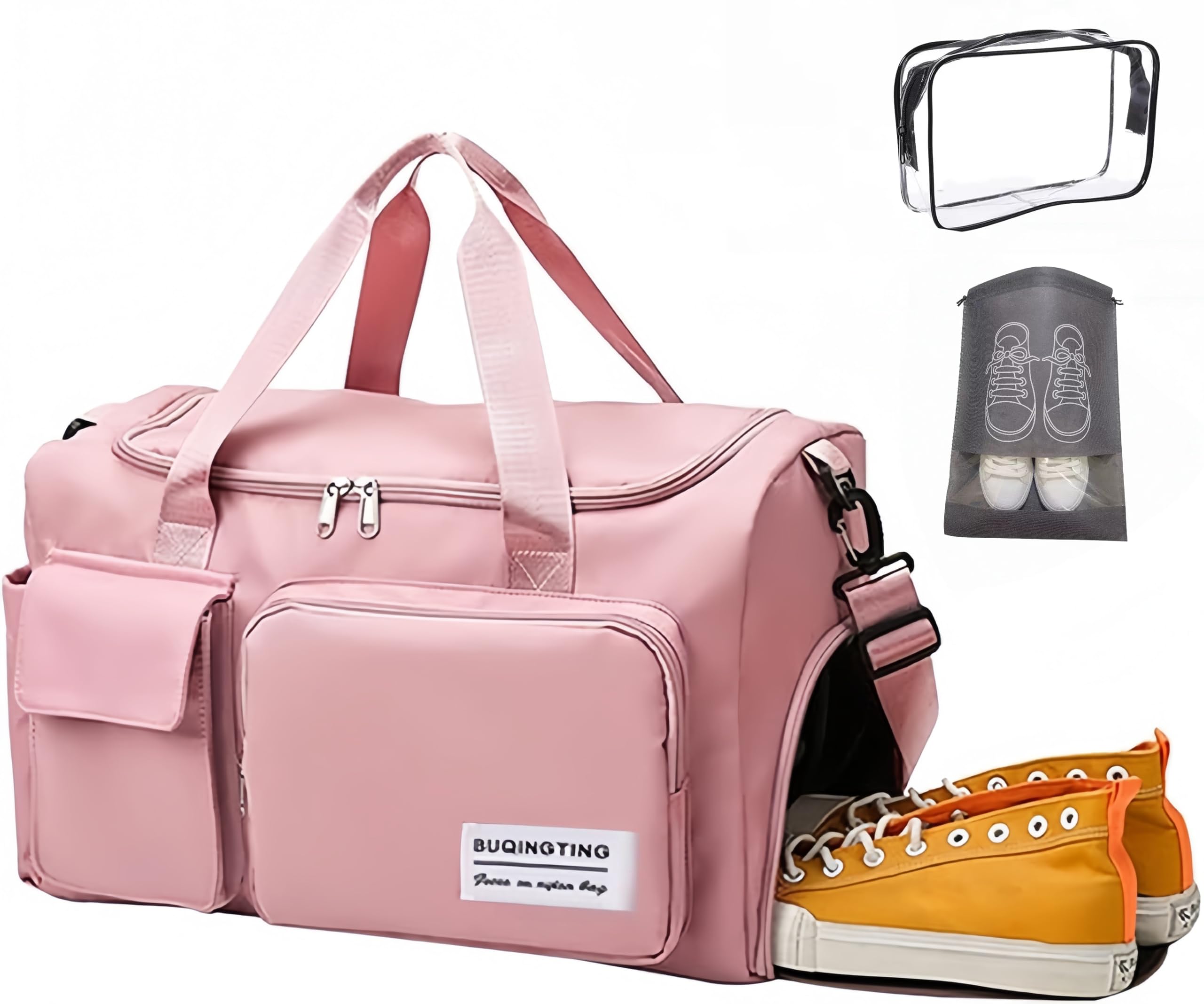 Sports Gym Bag Duffle Bag with Shoes Compartment & Wet Pocket，Weekend Travel Bag Overnight Bag for Women and Men Lightweight Holdall Hospital Overnight Bag - Weekend Bags, Hand Luggage Bag,Pink