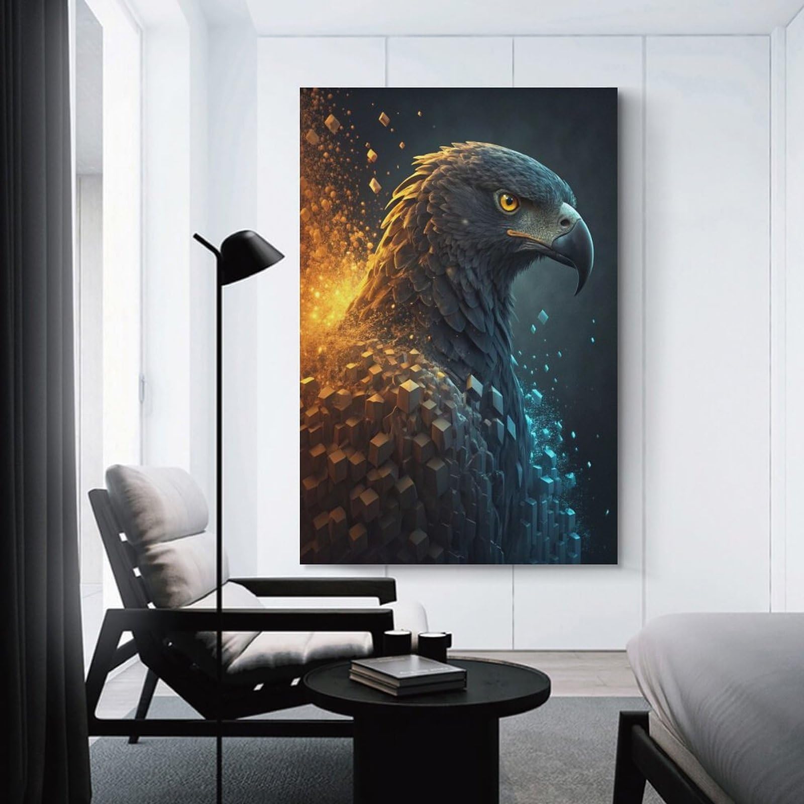 Junmoney Canvas Wall Art Digital Eagle with Exploding Cubes, 08x12inch(20x30cm), for Corridors, Hallways Or Apartment Entries, Decorative Canvas Styling for Entry Areas