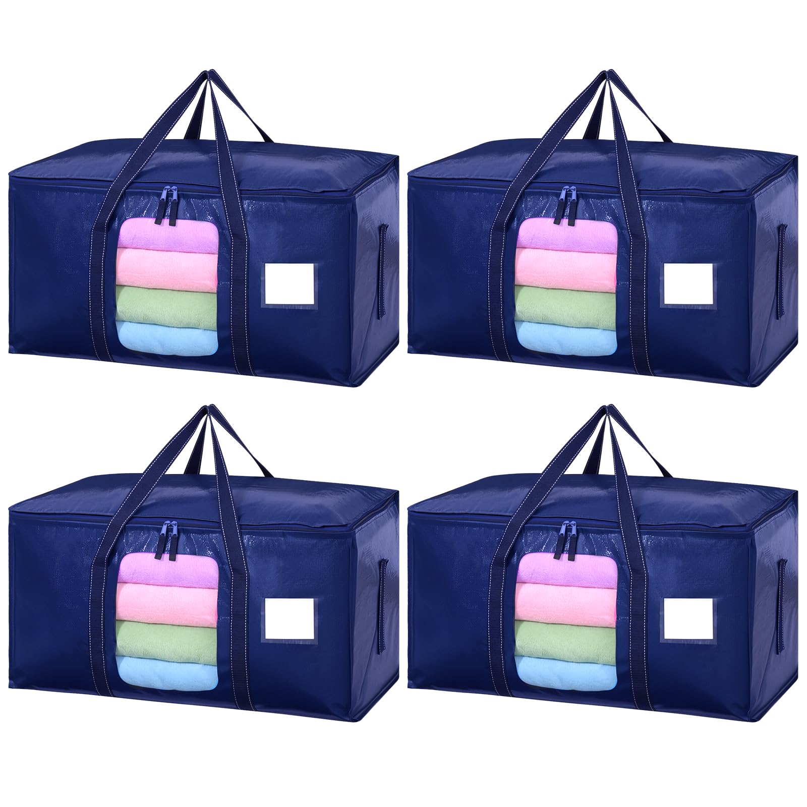 4 Pack 90L Large Moving Boxes or Storage Bags, Moving Bags with View Window for College Dorm Clothes Travelling Camping Garden Tools（Blue）
