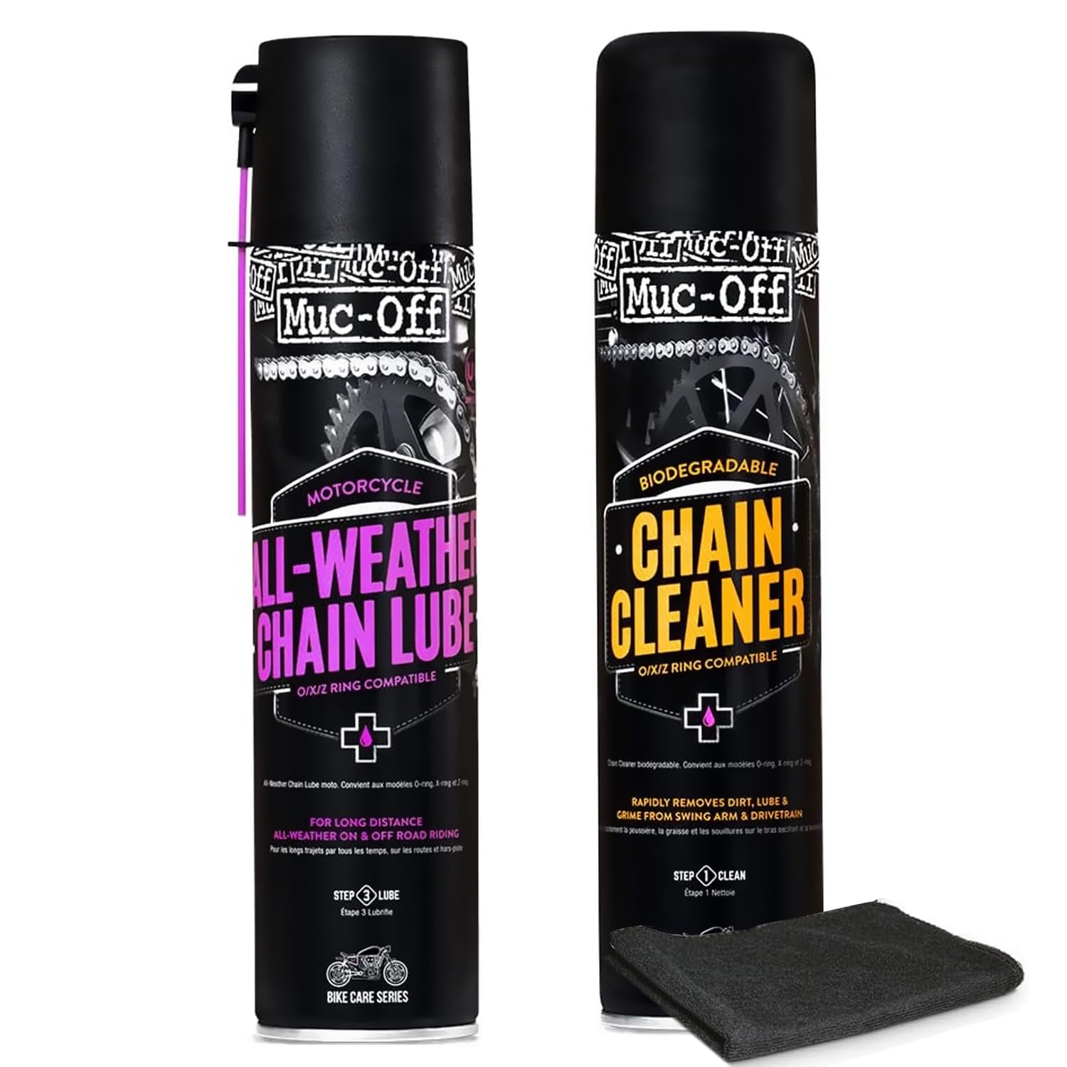 Muc-Off Motorcycle Chain Cleaner 400ml + Motorcycle All-Weather Chain Lube 400ml Bundle | Water-Soluble Cleaner & Premium Synthetic Lube with Ceramic