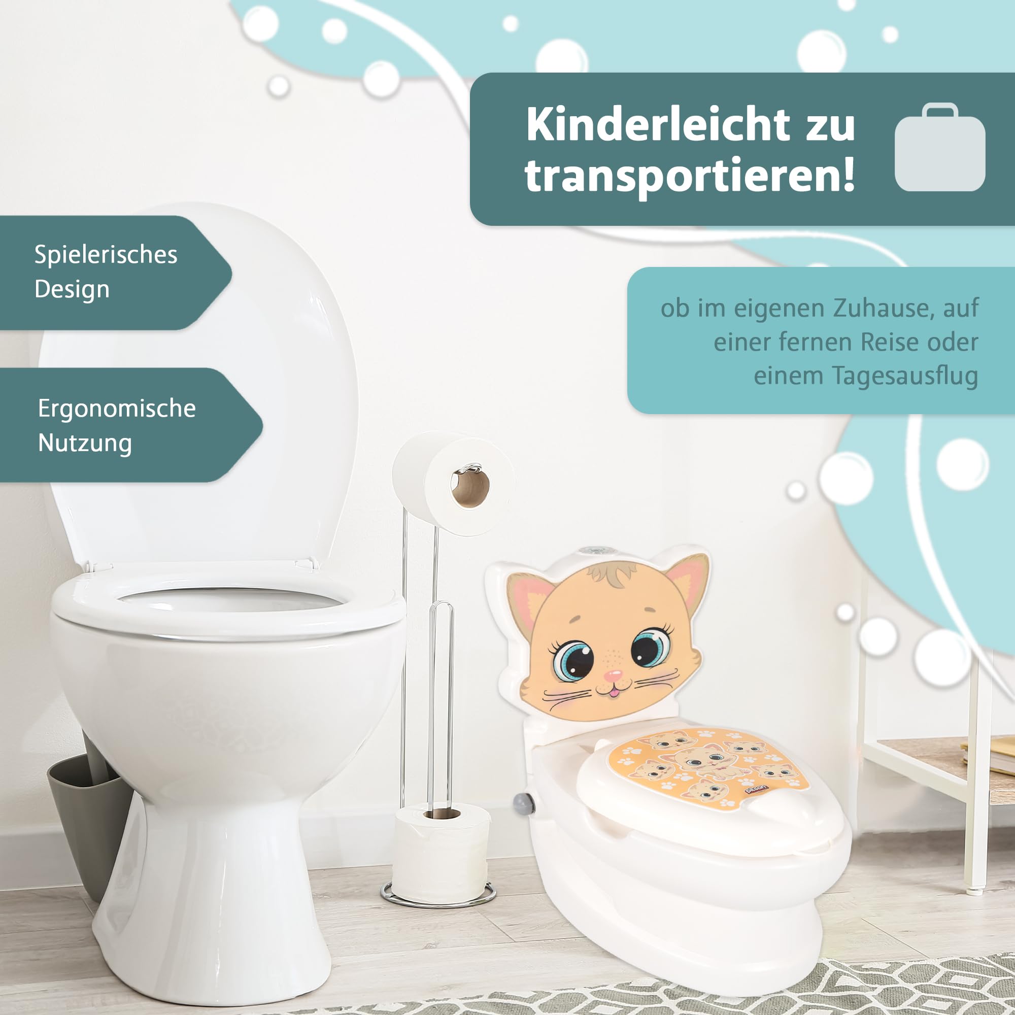 Lemodo Kindertöpfchen Töpfchen Kinder ab 18 Monate Kindertoilette Babytopf mit Spülgeräusch herausnehmbarer Innenbehälter rutschhemmender Boden Toilettenpapierhalter Töpfchentraining (Katze)