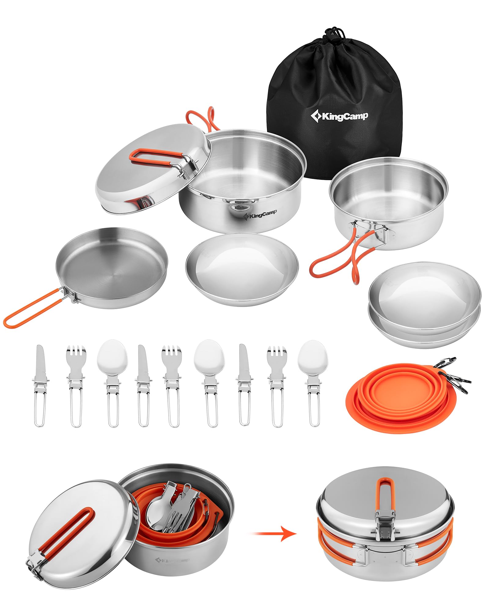 KingCamp Camping Geschirr Set, Camping Kochgeschirr aus Edelstahl, Camping Töpfe mit Faltbare Besteck, Ultraleicht Camping Topf Pfanne Set für Campingkocher